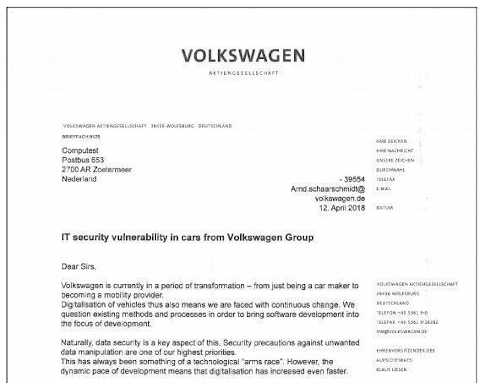 Die Volkswagen-Gruppe hat die Forschungsergebnisse gegenüber Computest bestätigt und darüber informiert, dass die Probleme mit einem Update behoben wurden. Zumindest neue Autos seien daher nicht mehr für solche Hacks anfällig.