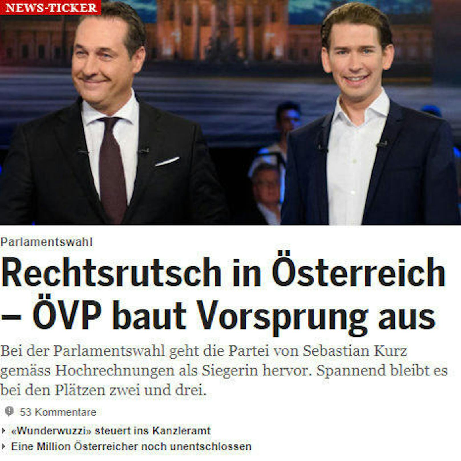 <b>20Minuten.ch</b>: "Rechtsrutsch in Österreich - ÖVP baut Vorsprung aus"
