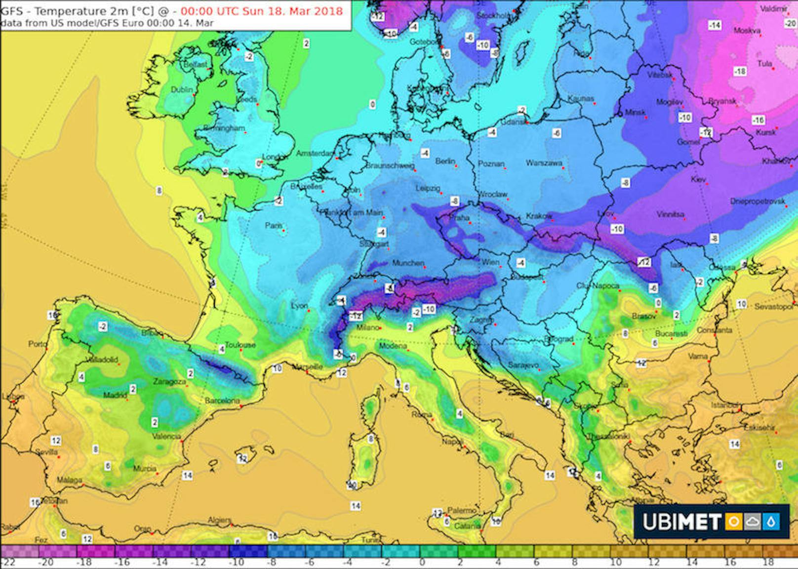 Die Wetterlage am Sonntag in einem aktuellen Modell der UBIMET: Im Alpenraum wird es bitterkalt und selbst im Flachland liegen die Temperaturen in der Nacht und morgens weit unter Null.