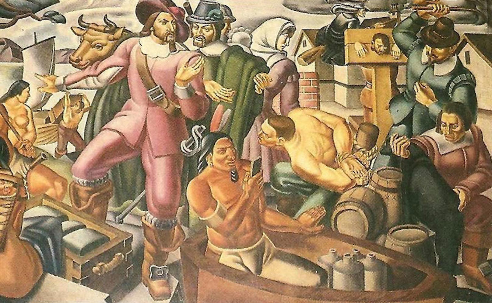 Und natürlich ist auch auf dem Gemälde "Mr Pynchon and the Settling of Springfield" von 1937 des italienischen Künstlers Umberto Romano kein Mann zu sehen, der auf sein Smartphone starrt.