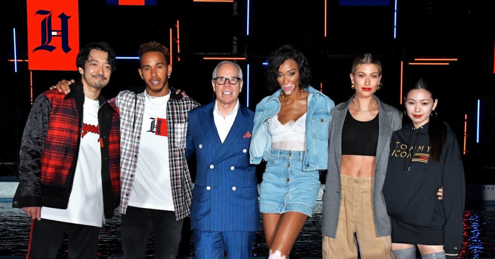 Nobuaki Kaneko, Lewis Hamilton, Tommy Hilfiger, Winnie Harlow, Hailey Baldwin und Fumi Nikaido