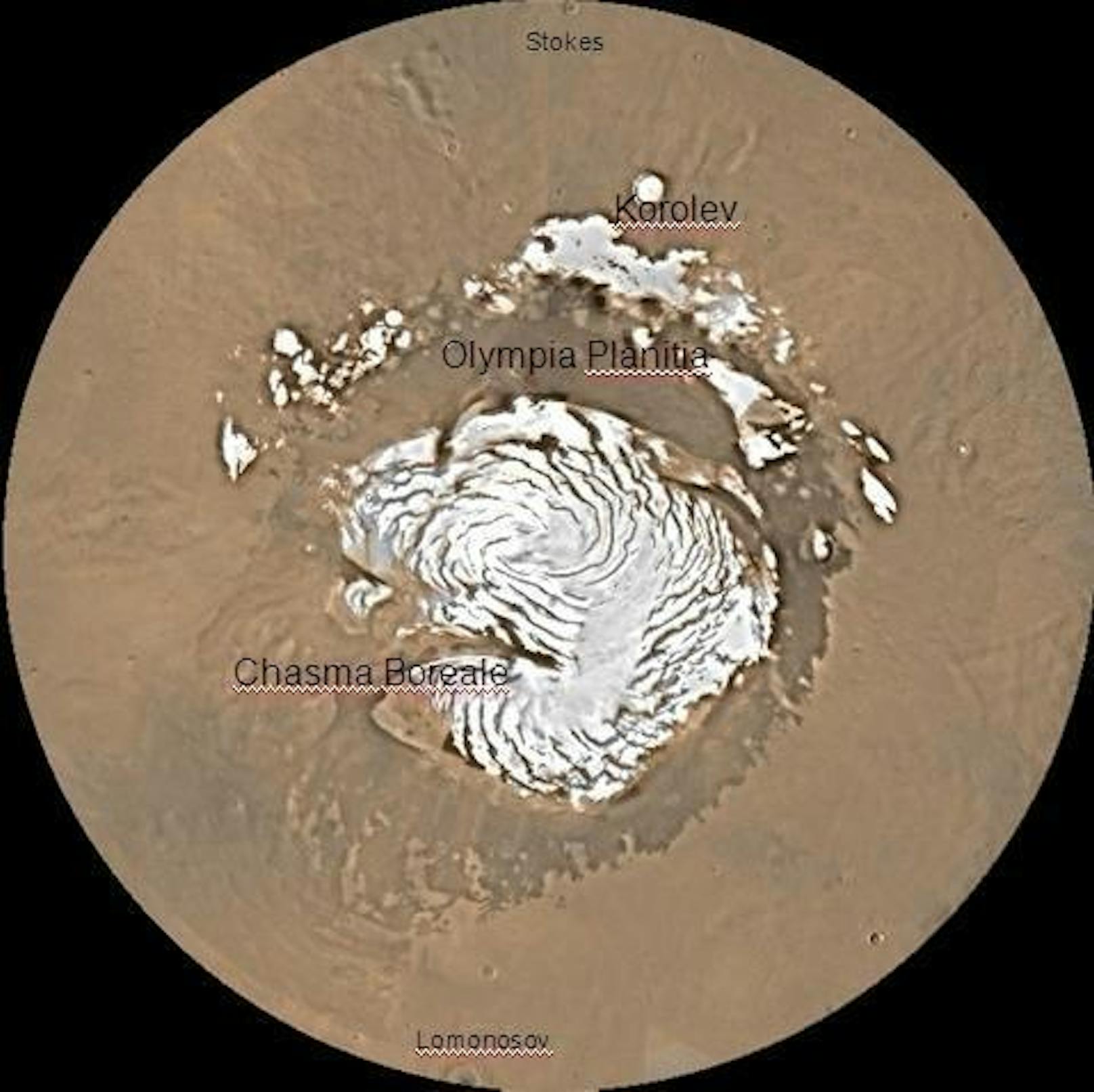 Auf dieser älteren Aufnahme der Mars-Region <b>Mare Boreum</b> ist der kreisrunde <b>Korolev-Krater</b> im oberen Bilddrittel zu sehen. Das Bild stammt vom Viking Orbiter 1, der den Mars im Juli 1976 erreichte.
