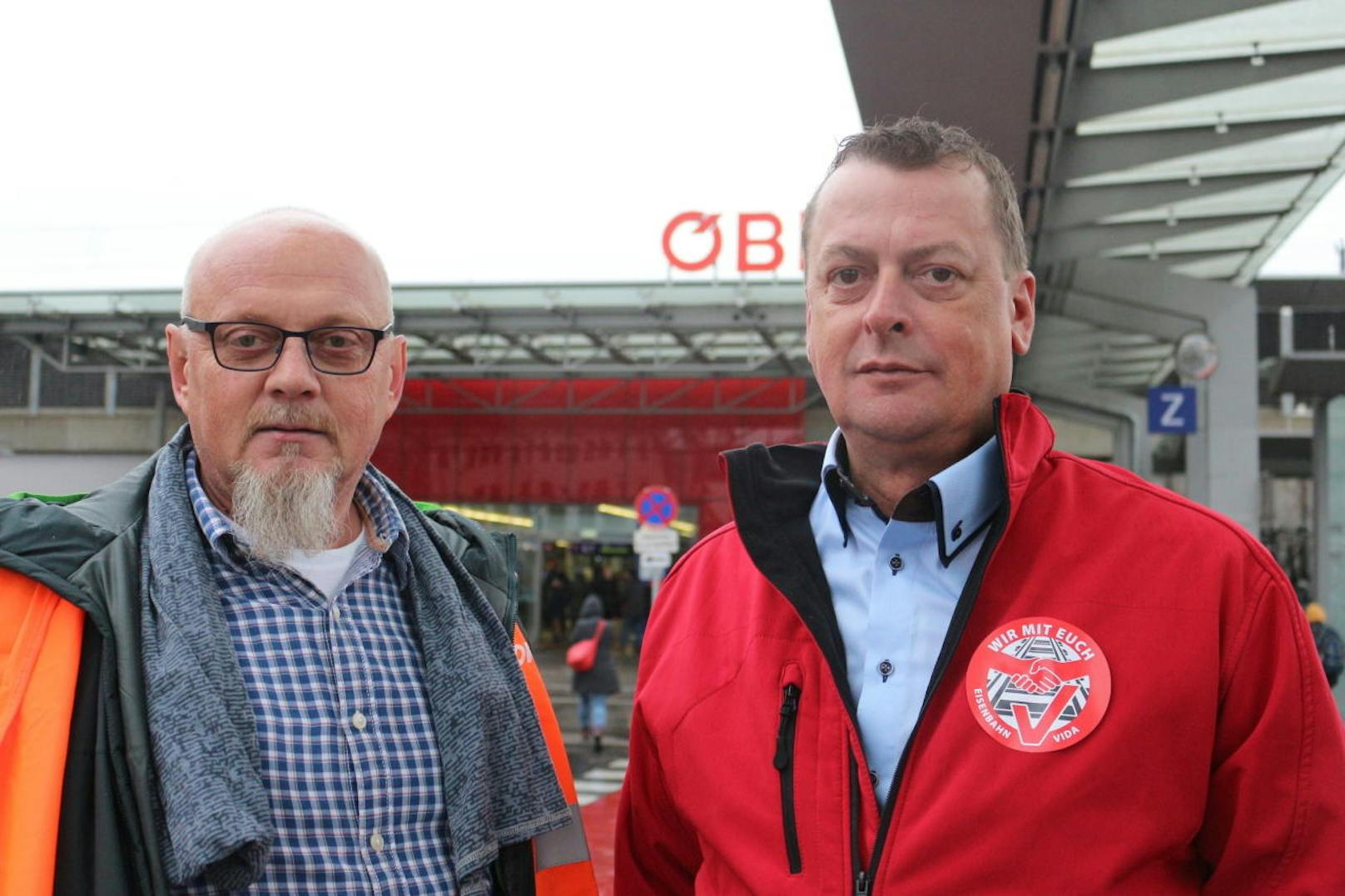 Betriebsratsvorsitzender der Lok-Führer Johann Hofstetter und Vida-Landesvorsitzender Horst Pammer (r.): "Passagiere zeigen viel Solidarität."