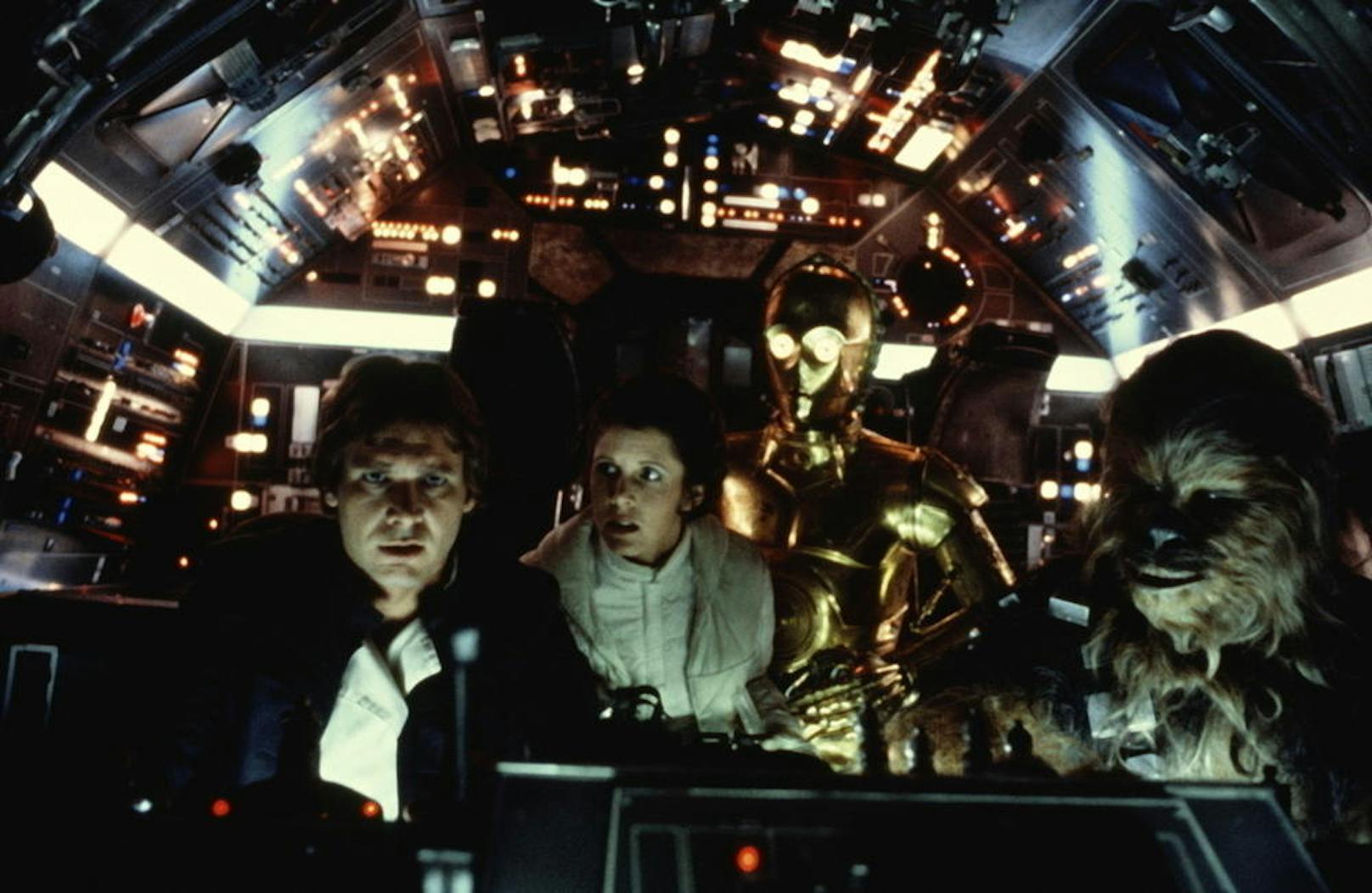 Von links: Harrison Ford, Carrie Fisher, Anthony Daniels und Peter Mayhew in "Star Wars - Das Imperium schlägt zurück"