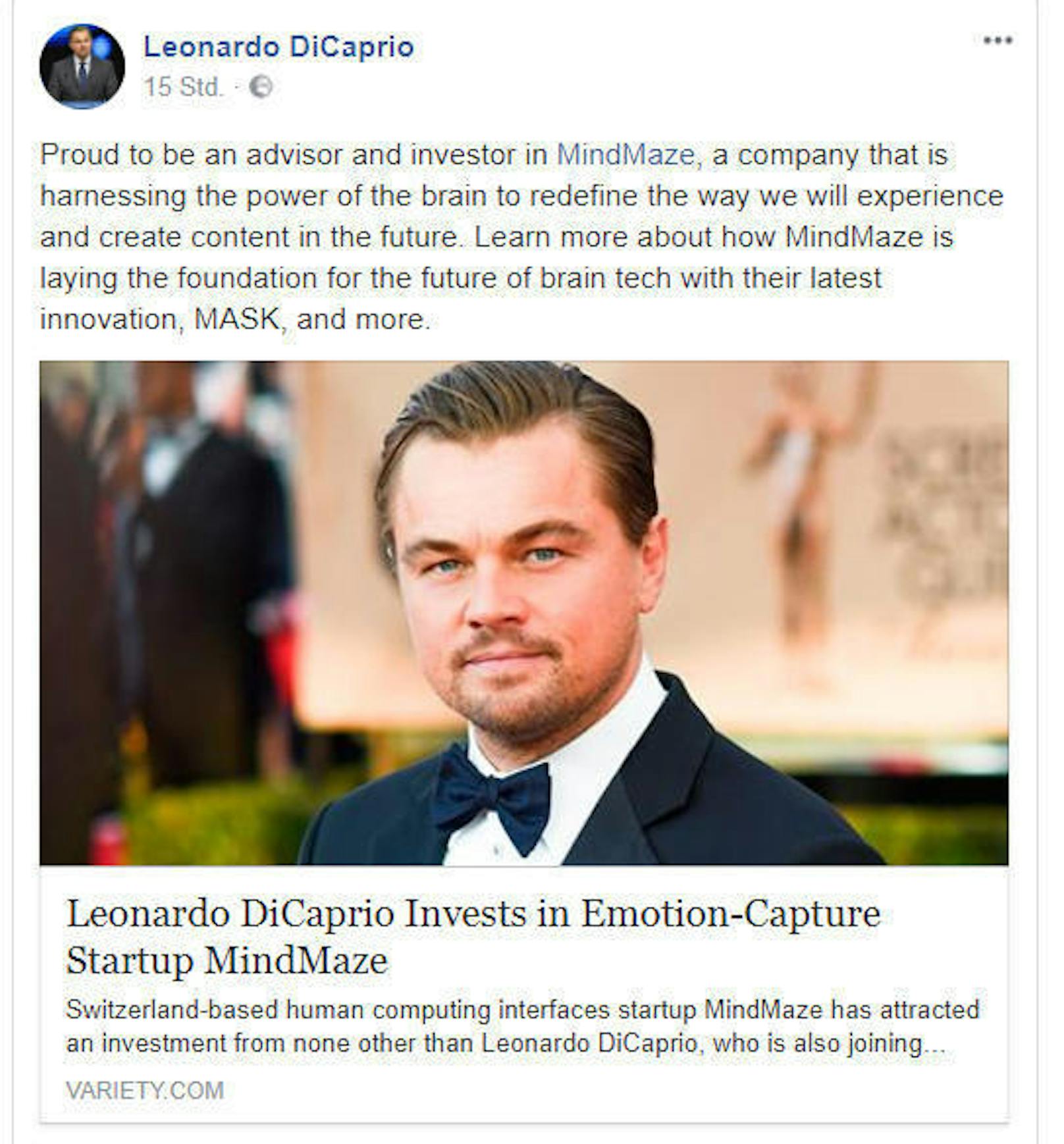 DiCaprio sieht großes Potenzial in der Technologie für die Unterhaltungsbranche. Sein Engagement beim Schweizer Unternehmen hat er auch mit seinen 17 Millionen Facebook-Fans geteilt.