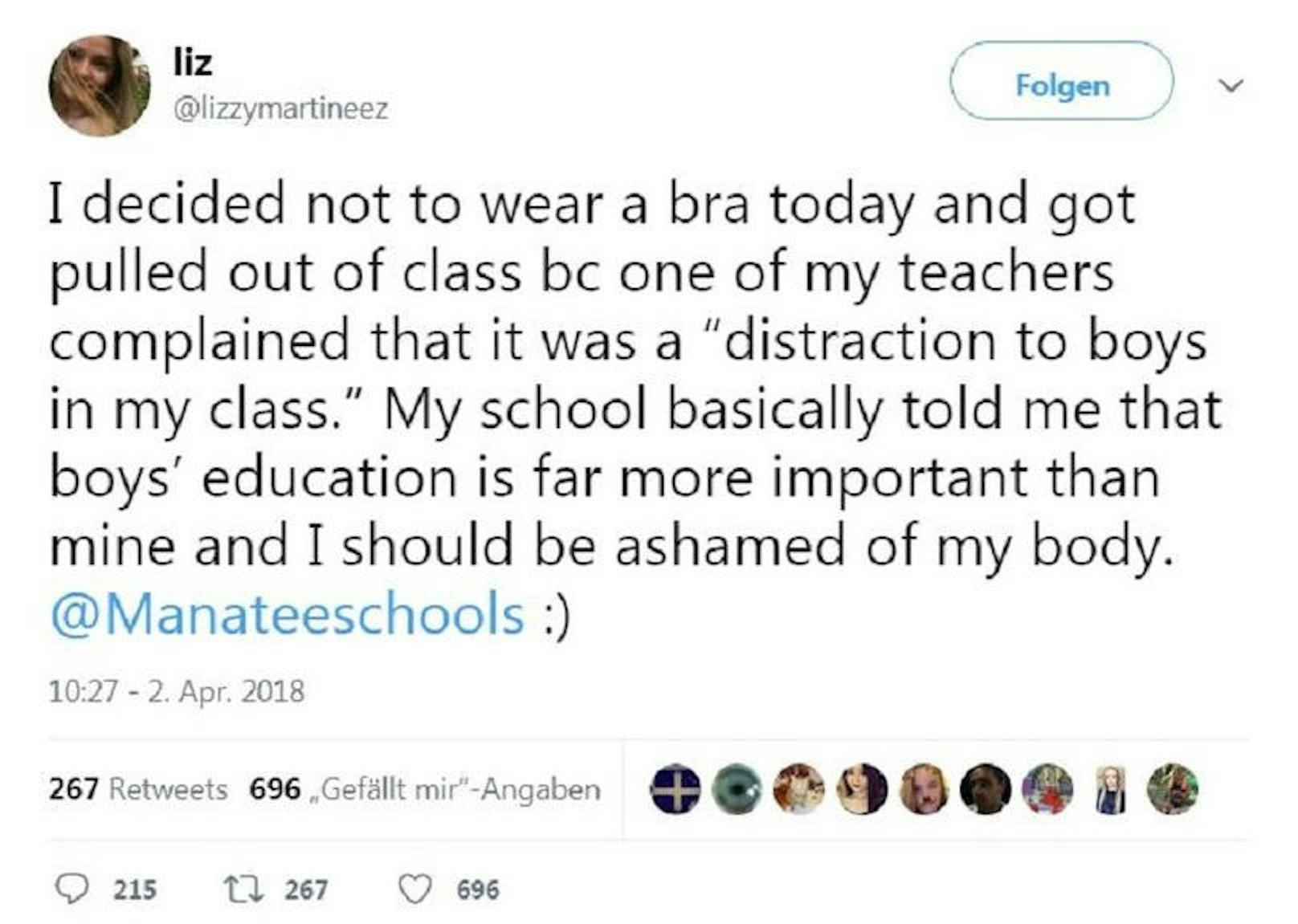 Auf Twitter machte sie ihrem Ärger Luft. "Meine Schule zeigte mir so im Grunde, dass die Bildung der Jungs wichtiger ist als meine und dass ich mich für meinen Körper schämen sollte."