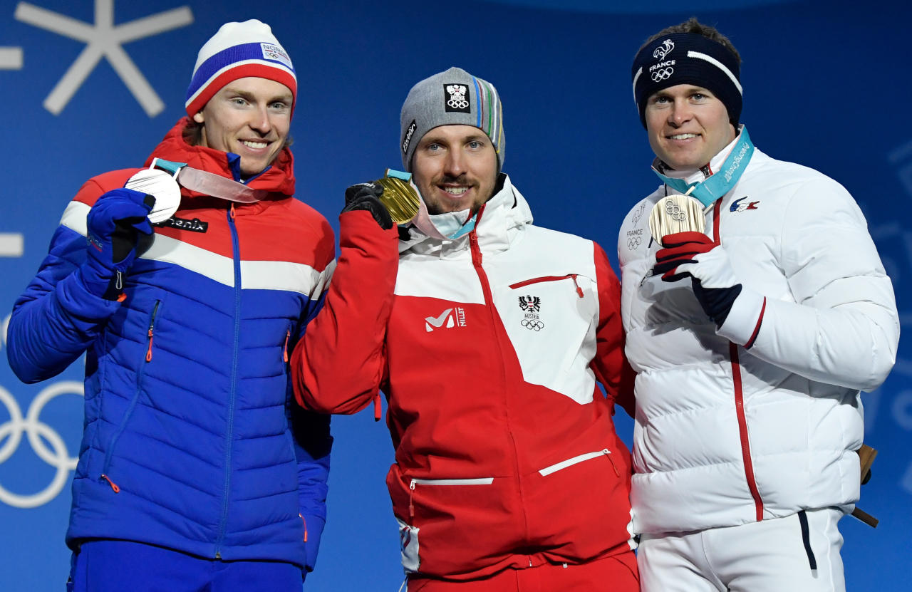 Marcel Hirscher holte im Riesentorlauf in Pyeongchang Olympia-Gold. Hinter dem Salzburger holte Henrik Kristoffersen Silber.