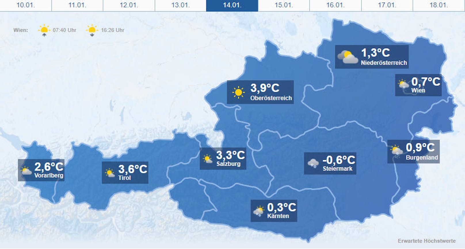 Österreich-Wetter am <b>Sonntag</b>, 14. Jänner 2018.
