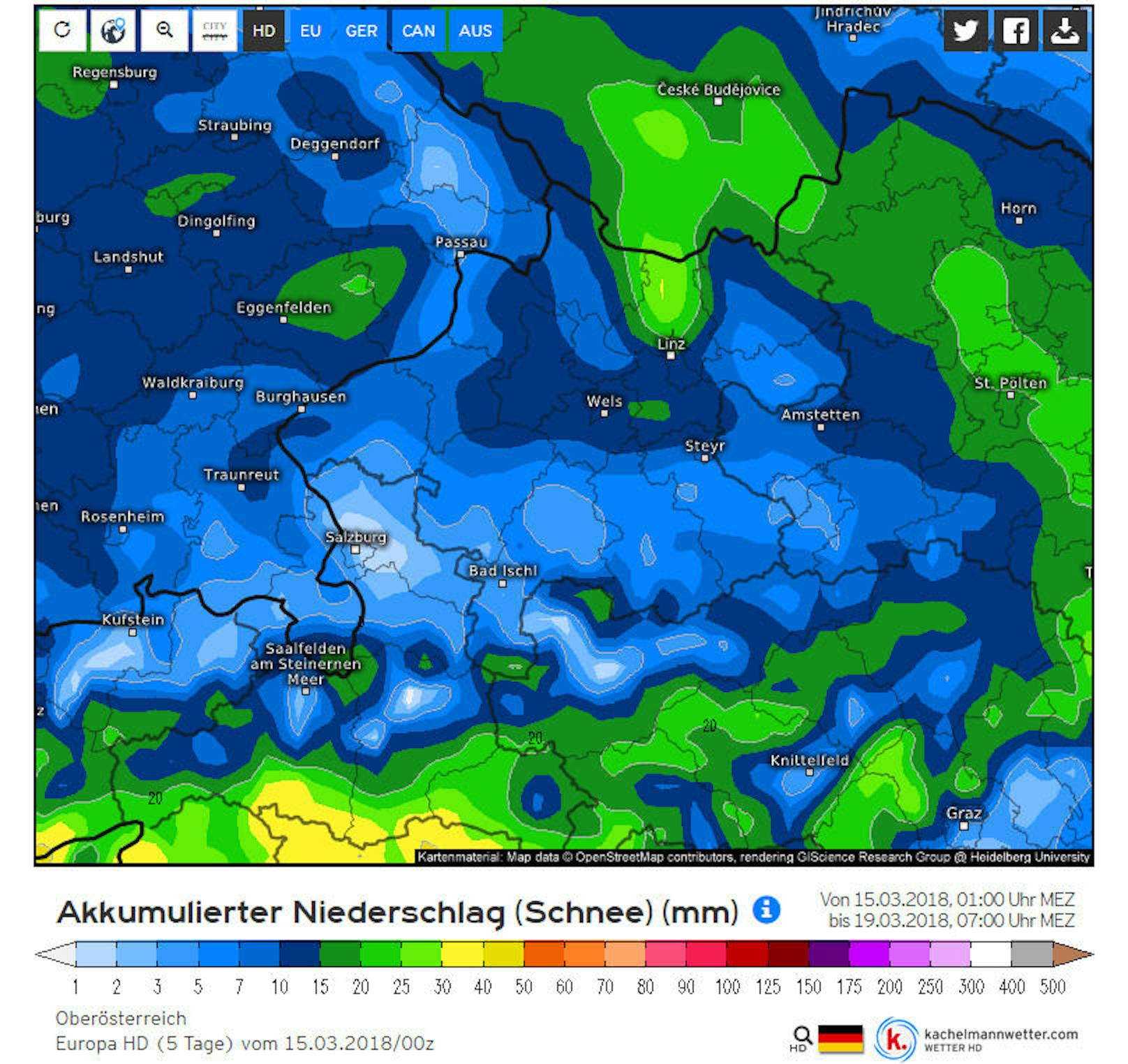 <b>Oberösterreich:</b> Niederschlagssumme (Schnee) in Millimeter im Zeitraum Donnerstag 15. bis Montag 19. März 2018.