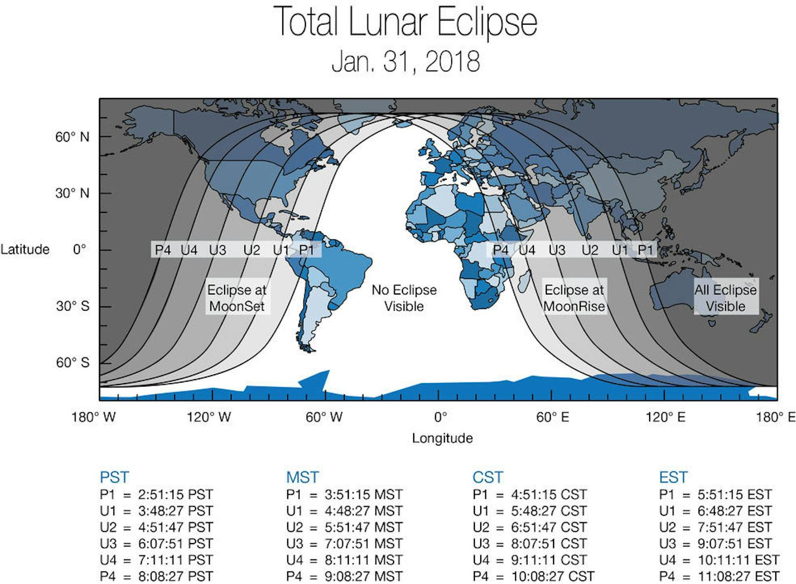 Die Grafik der NASA zeigt, wo heute der Blutmond sichtbar ist. Die Mondfinsternis schon vorbei, bevor der Mond in Mitteleuropa über den Horizont klettert.