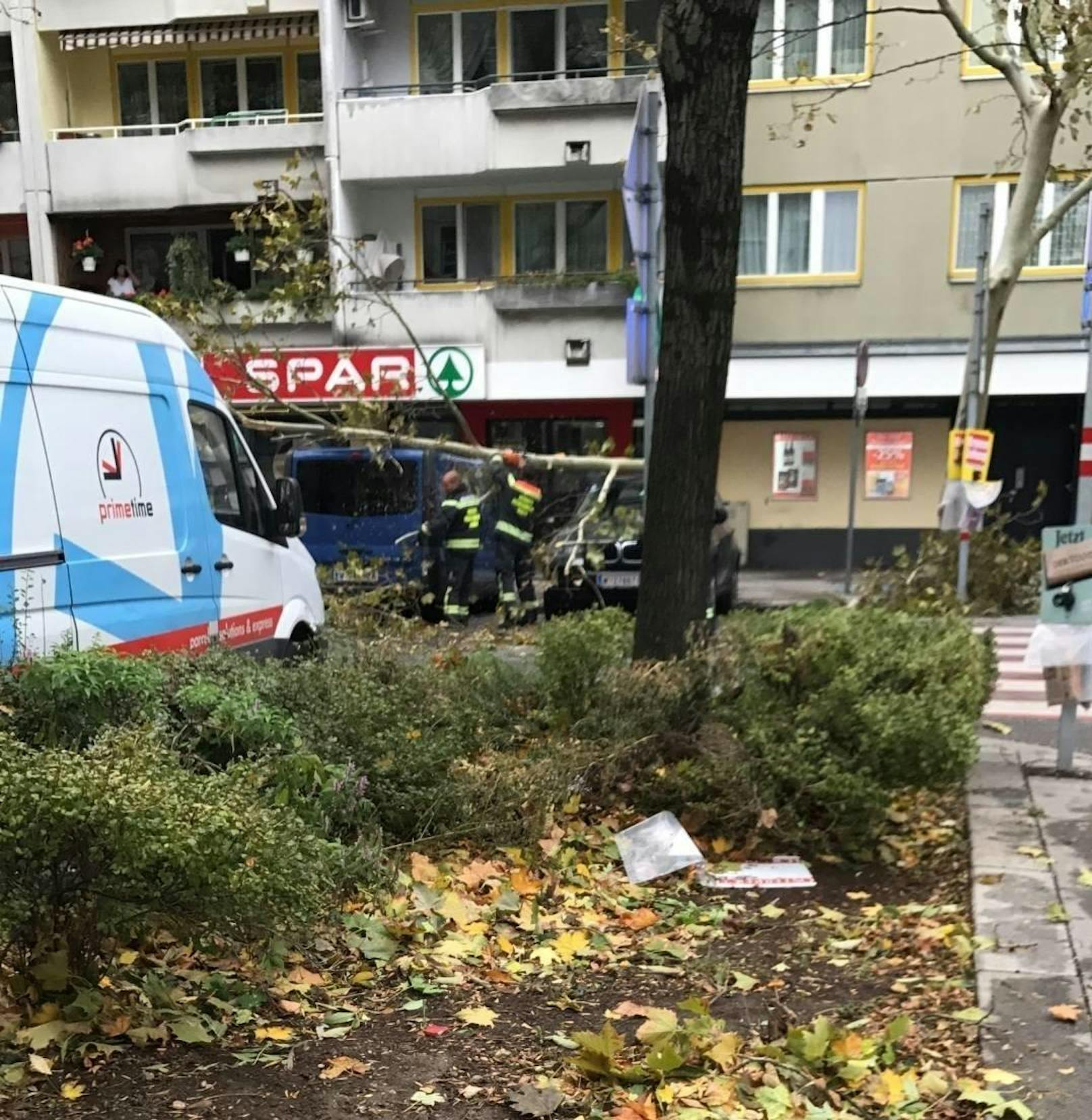 Ein Ast fällt auf zwei geparkte Autos in der Engerthstrasse 193 (Wien). 