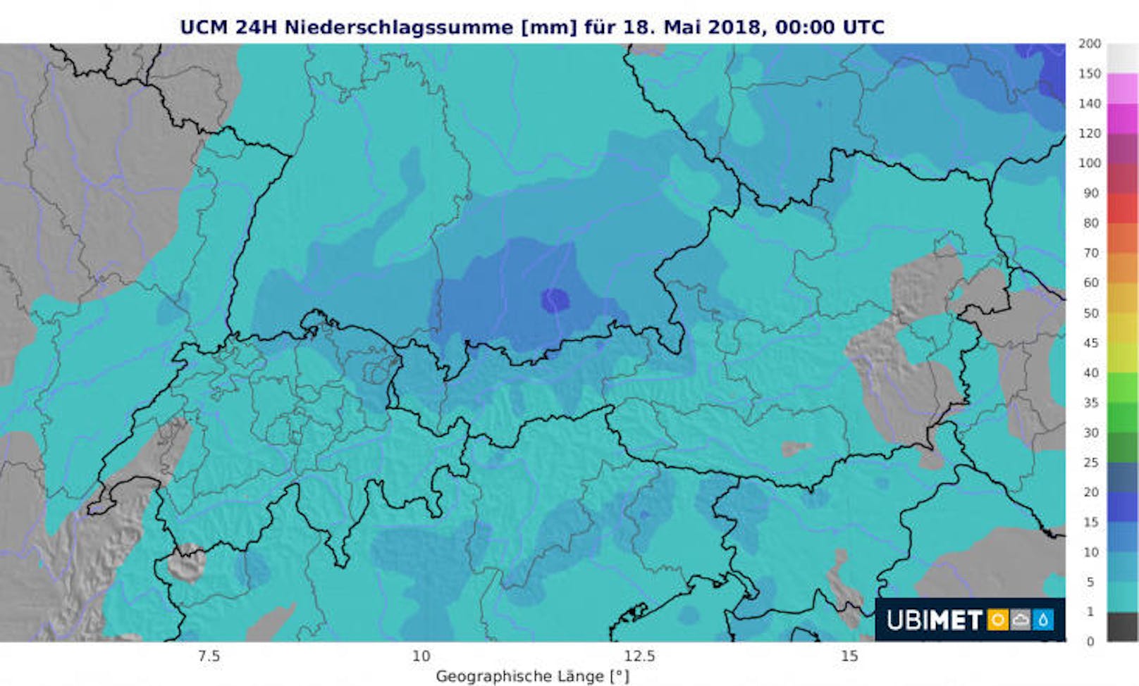 Das Regentief zieht sich zurück, es bleibt aber wechselhaft. Die Karte zeigt die 24-Stunden-Niederschlagsprognose bis Donnerstagnacht (17. Mai 2018).