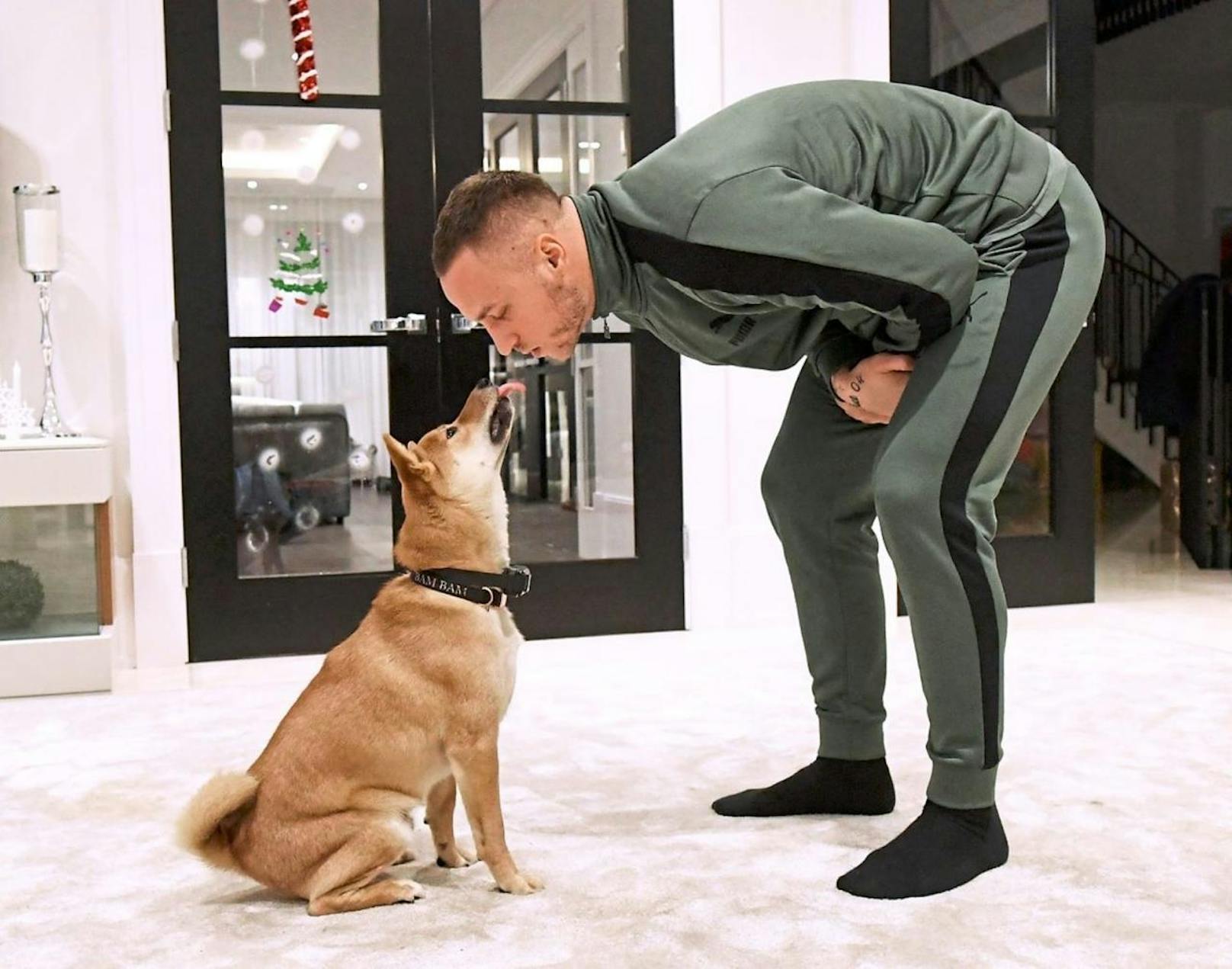 Marko Arnautovic liebkost seinen Hund Baloo in der Villa in London.