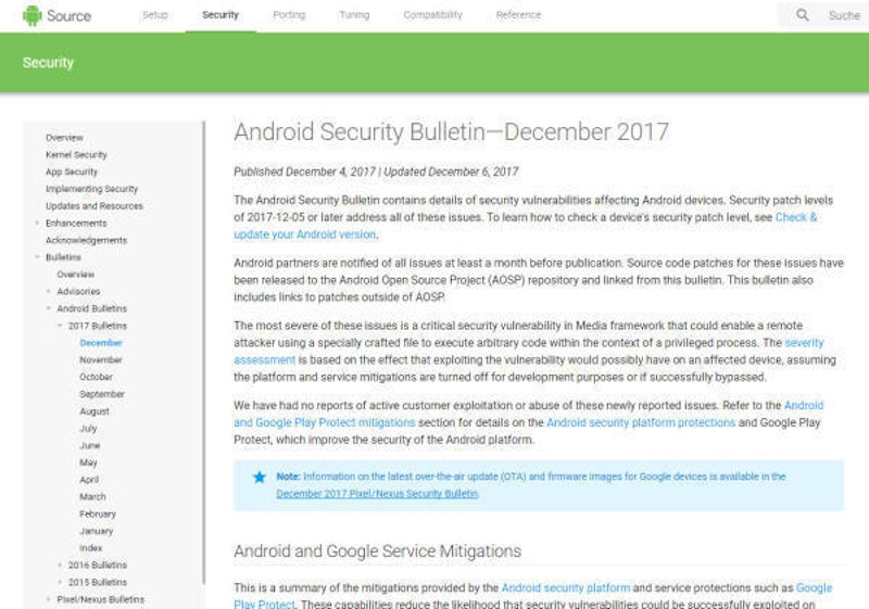 Mit aktuellen Sicherheitsupdates schließt Google die Lücken, von denen einige als kritisch eingestuft werden. Zwar gab es laut dem Android-Sicherheitsbericht keine Fälle, in denen eine der Lücken ausgenutzt worden wäre. <a href="https://source.android.com/security/bulletin/2017-12-01" target="_blank">Zum Android-Sicherheitsbericht.</a>