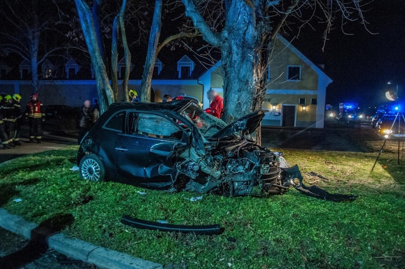 Der Fiat 500 überschlug sich mehrmals und kam schließlich völlig demoliert neben einem Baum zum Stehen.