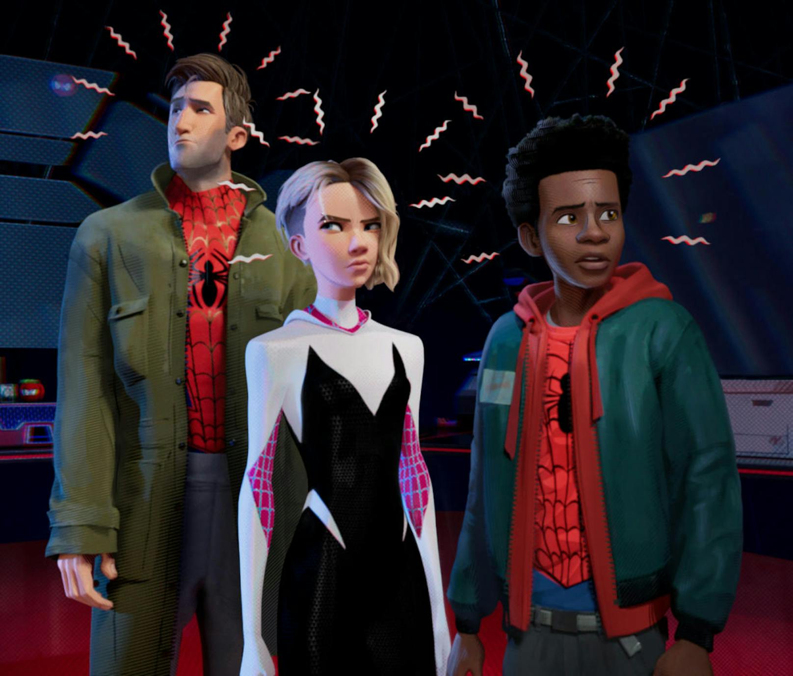 Der Spinnensinn von Peter, Gwen und Miles wird aktiviert. 