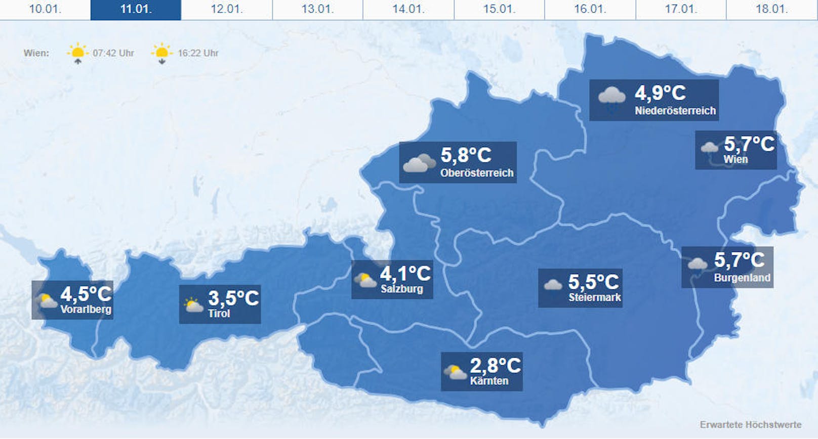 Österreich-Wetter am <b>Donnerstag</b>, 11. Jänner 2018.