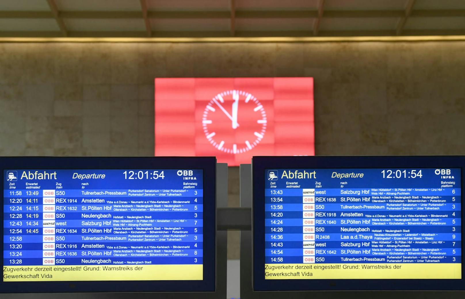 Zwischen 12 und 14 Uhr standen am Montag in Österreich alle Züge still. Betroffen waren neben den ÖBB auch die Westbahn sowie die Lokalbahnen.