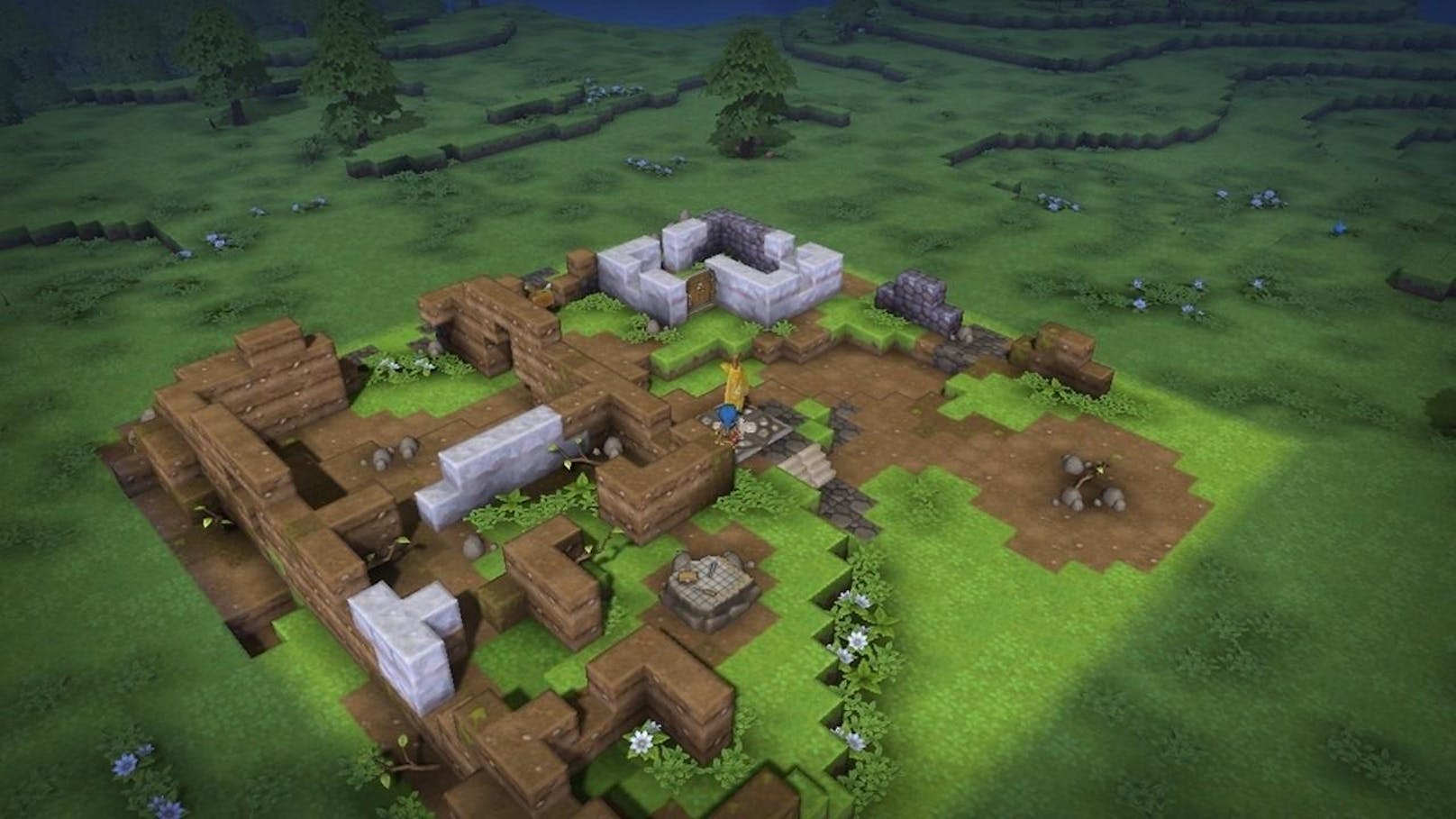 Ganz wie in Minecraft gilt es in Dragon Quest Builders, Ressourcen zu sammeln, um allerlei Dinge zu bauen, vorwiegend natürlich Behausungen. Das funktioniert wie im Vorbild: Mit der jeweils ausgerüsteten Waffe auf Blöcke einprügeln, die aus Erde, Holz, Stein oder anderen Materialien bestehen, bis sie zerplatzen und eingesammelt werden können.