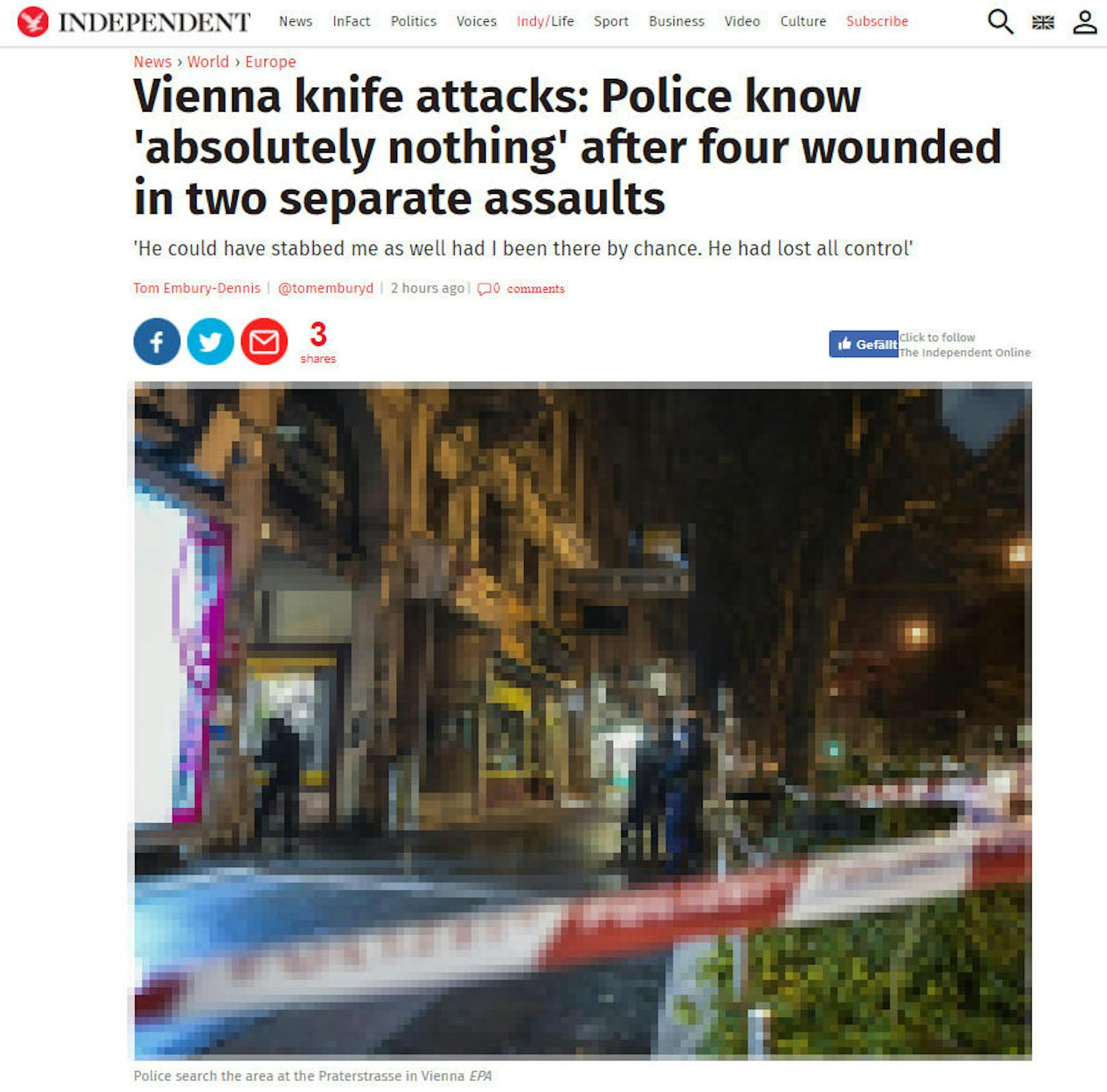 <b>Großbritannien, Independent:</b> "Wiener Messerattacke: Polizei weiß 'absolut nichts' nachdem vier Menschen bei zwei verschiedenen Angriffen verletzt wurden"
