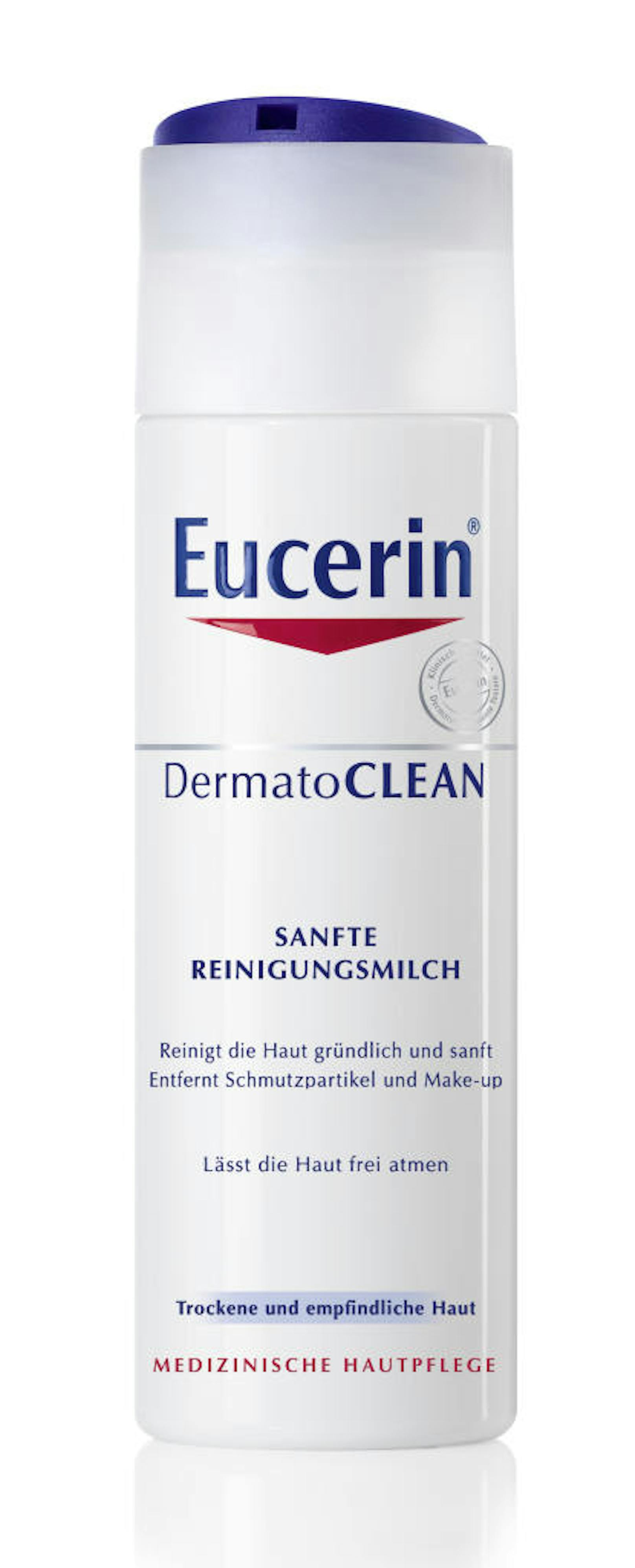 Die Eucerin DermatoClean Reinigungsmilch reinigt die Haut sanft, entfernt Unreinheiten sowie Make-up und fördert den natürlichen Feuchtigkeitsausgleich.