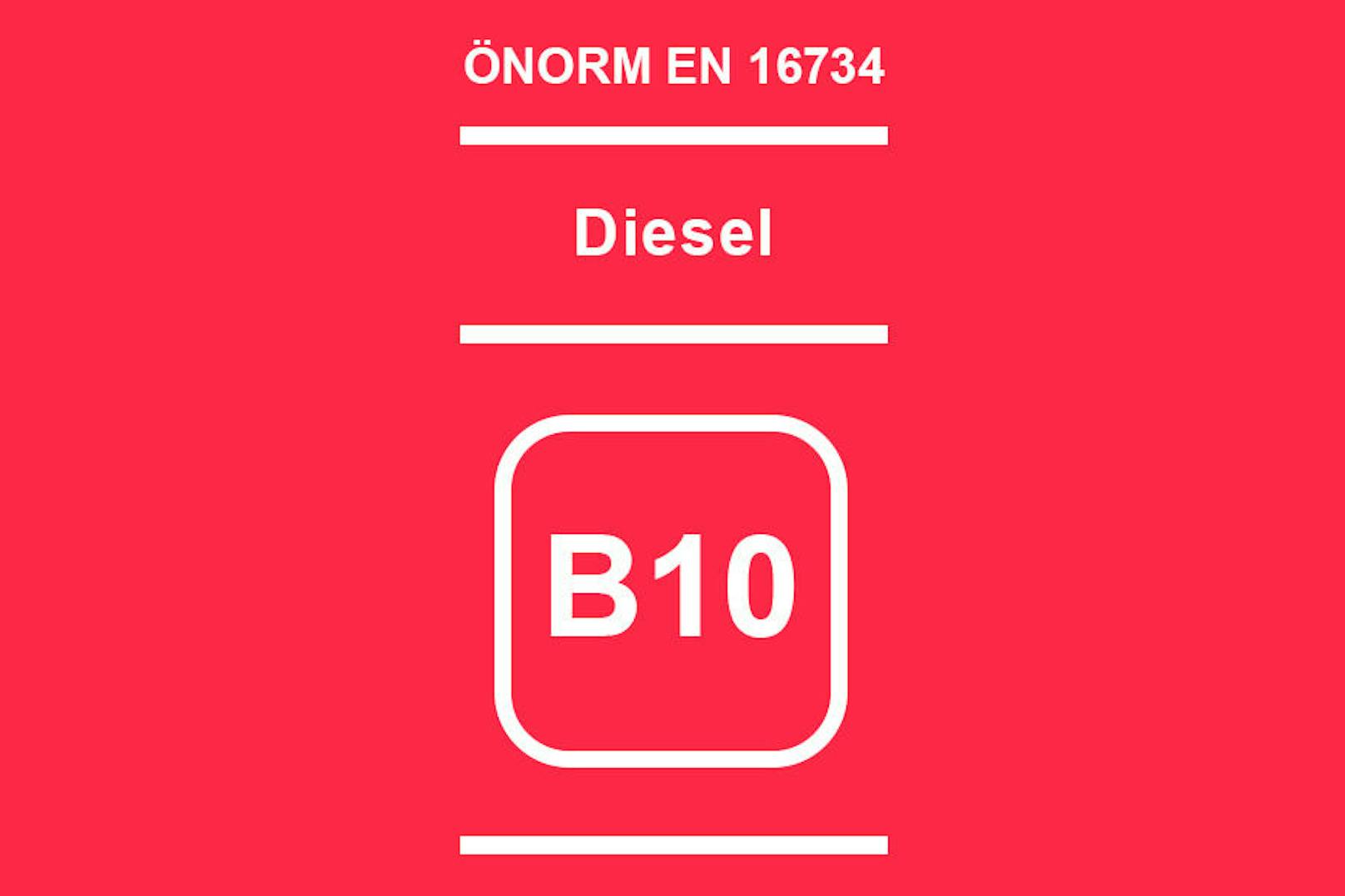 <b>B10: Diesel </b>mit einem Biokraftstoff-Anteil von bis zu 10 Prozent. Zusatzhinweis: Enthält metallische Zusätze. Achtung! Nur für Fahrzeuge mit Herstellerfreigabe.