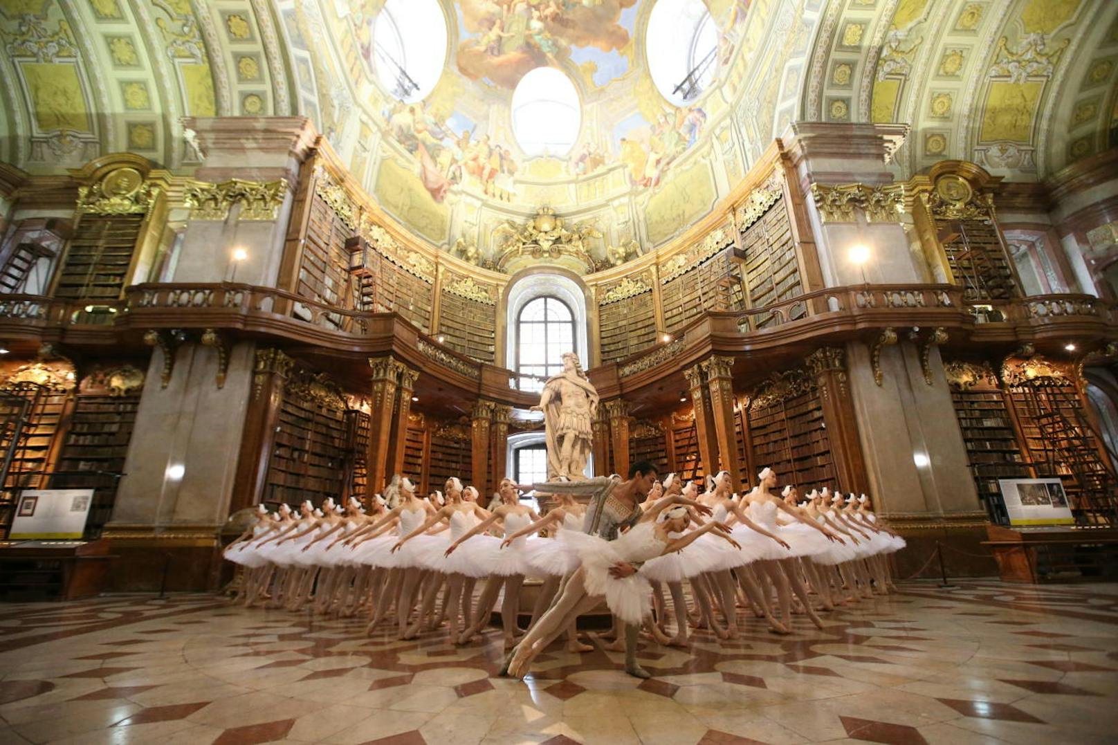 48 Schwäne in der Nationalbibliothek: Bevor die Grazien des Shanghai Ballet in der Stadthalle landen, tanzen sie sich im Prunksall warm.