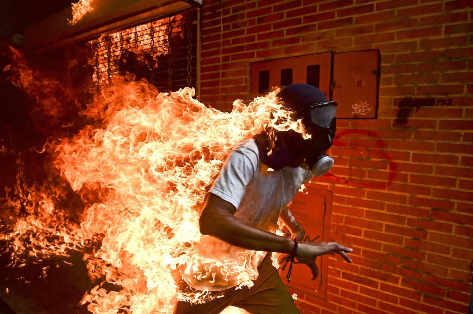 Das Siegerbild: Der venezolanische Demonstrant Victor Salazar (28) brennt lichterloh. Er überlebte schwer verletzt. AFP-Fotografen Ronaldo Schemidt hatte auf den Auslöser gedrückt.