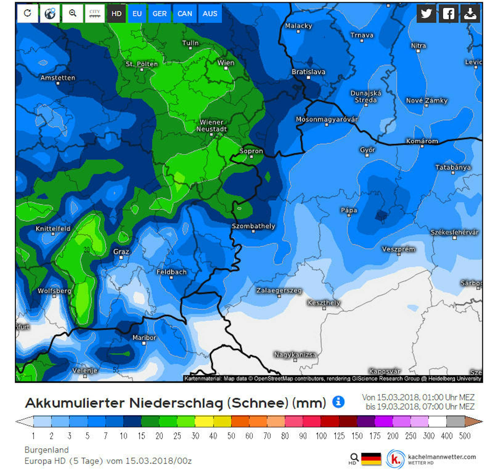 <b>Burgenland:</b> Niederschlagssumme (Schnee) in Millimeter im Zeitraum Donnerstag 15. bis Montag 19. März 2018.