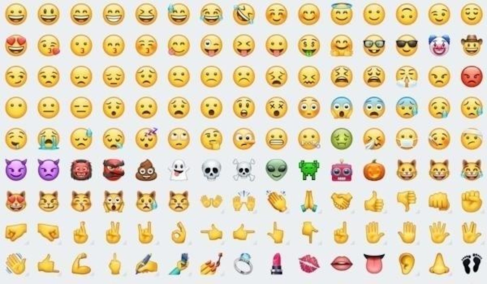 Eine Auswahl der neuen Emojis, die in der neuesten WhatsApp-Betaversion für Android zu sehen sind. Auf den ersten Blick sehen diese den Designs von Apple zum Verwechseln ähnlich.