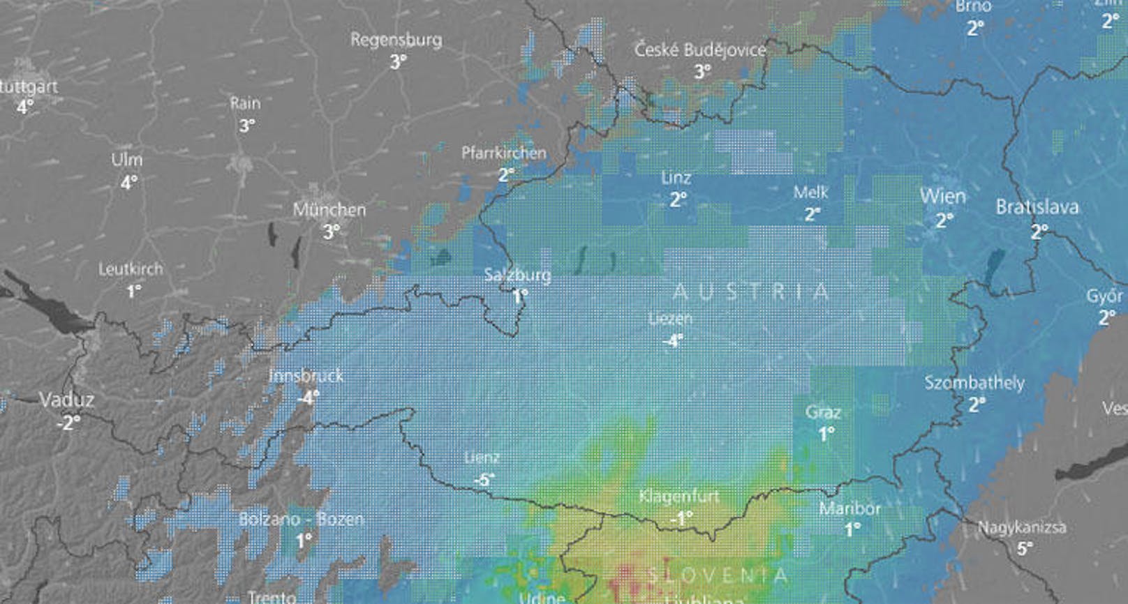 Dazu muss man nach und nach verbreitet mit Regen und Schneefall rechnen. Von Osttirol über Kärnten bis in die Steiermark und im Salzburger Tauernbereich werden diese zum Abend hin immer stärker und intensiver und dauern aus aktueller Sicht bis in die Nacht auf Samstag an.