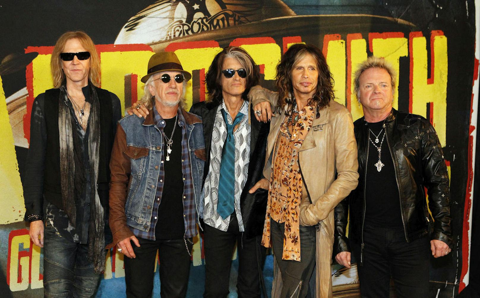 Rockband <strong>Aerosmith</strong> (Li.-Re.) Tom Hamilton, Brad Whitford, Joe Perry, Steven Tyler and Joey Kramer