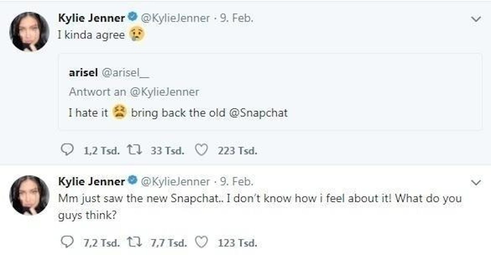 Kylie Jenner hat das neuste Update von Snapchat ebenfalls bemerkt und fragt ihre Fans nach deren Meinung.
