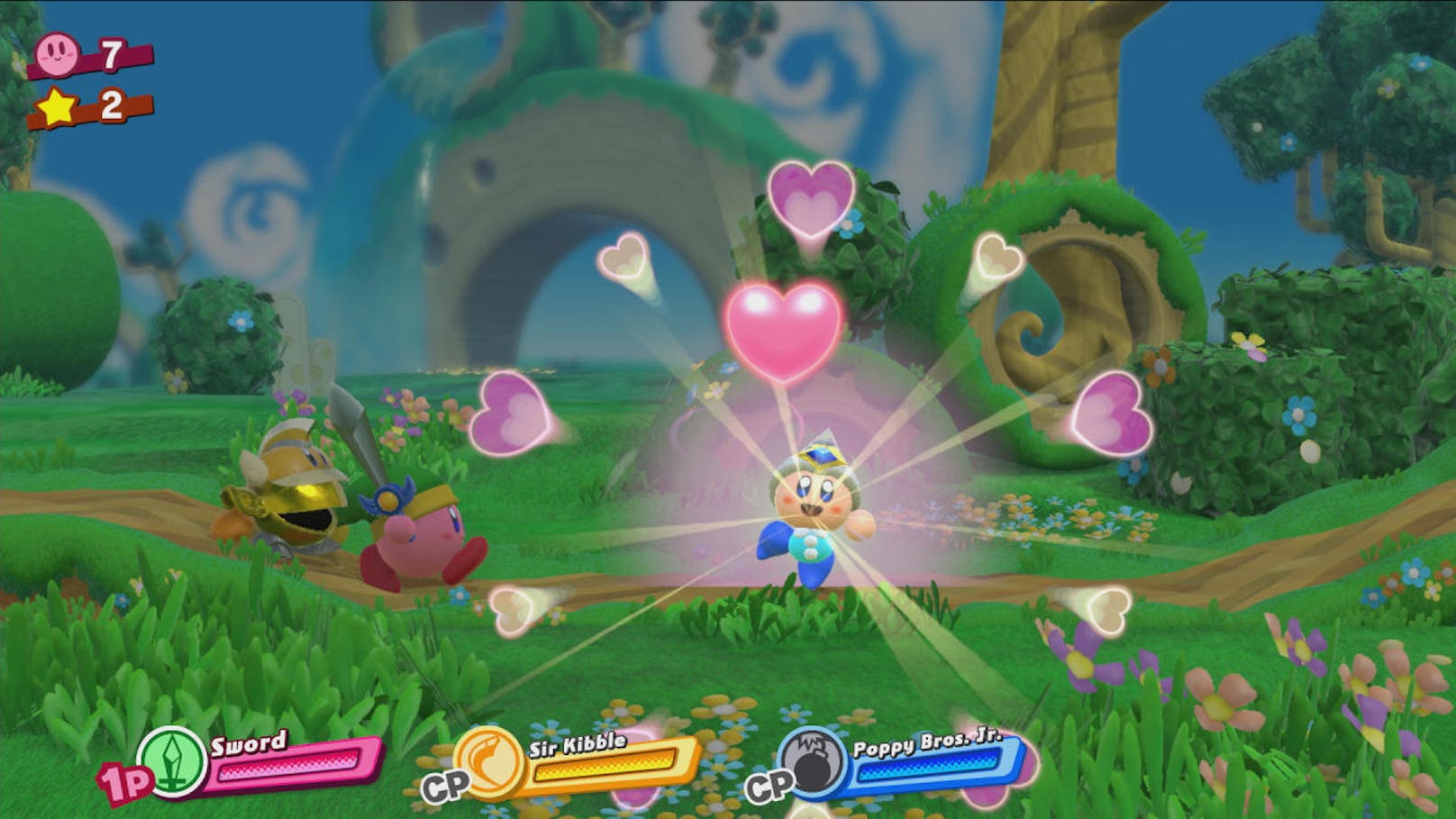 Kirby begegnet seinen Gegnern diesmal nicht (nur) mit Prügel, sondern auch mit Herz! Dabei handelt es sich um ein tatsächliches Herz, das Kirby seinen Gegnern entgegenwerfen und sie damit ganz einfach zu Freunden machen kann.