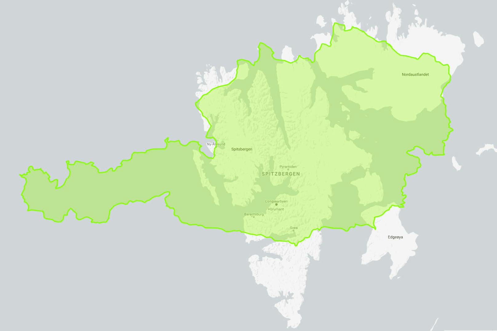 Und auch die norwegische Inselgruppe <b>Spitzbergen</b> im Arktischen Ozean ist nicht größer, obwohl sie auf Mercater-Karten ein vielfaches der Fläche einnimmt.