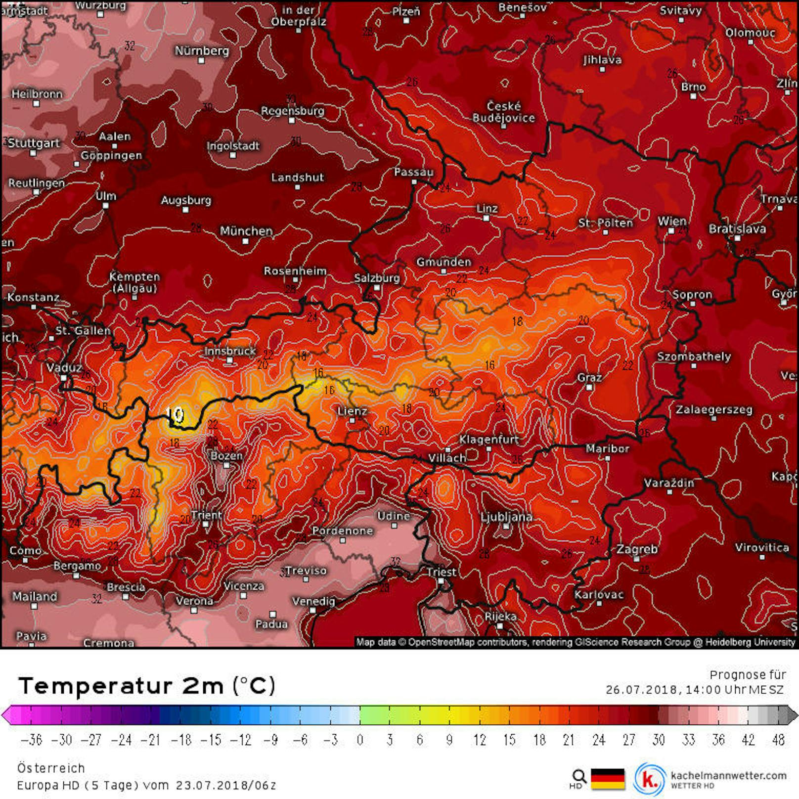 Die 5-Tage-Prognose des Temperaturmodells "Europa HD". Im Bild: Die Vorhersage für <b>Donnerstag, 26. Juli 2018, 16 Uhr.</b>