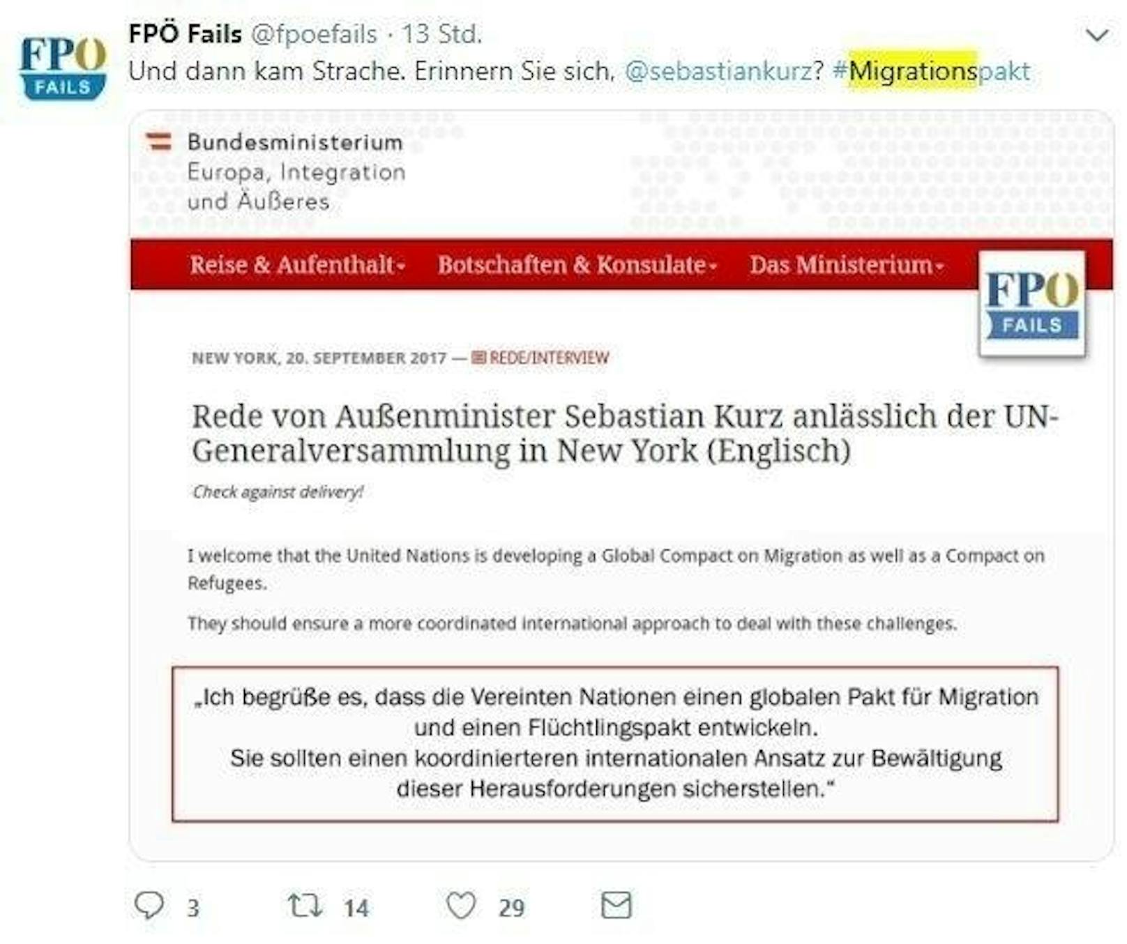 Natürlich befasste sich auch die anonyme Plattform "FPÖ Fails", die auf Twitter jüngst schon mehrfach für Furore gesorgt hatte, mit dem Nein zum Migrationspakt. Wie die NEOS verwies auch sie darauf, dass Sebastian Kurz an der Aushandlung des Pakts beteiligt gewesen war. Der trockene Kommentar dazu:<b> "Und dann kam Strache."</b>