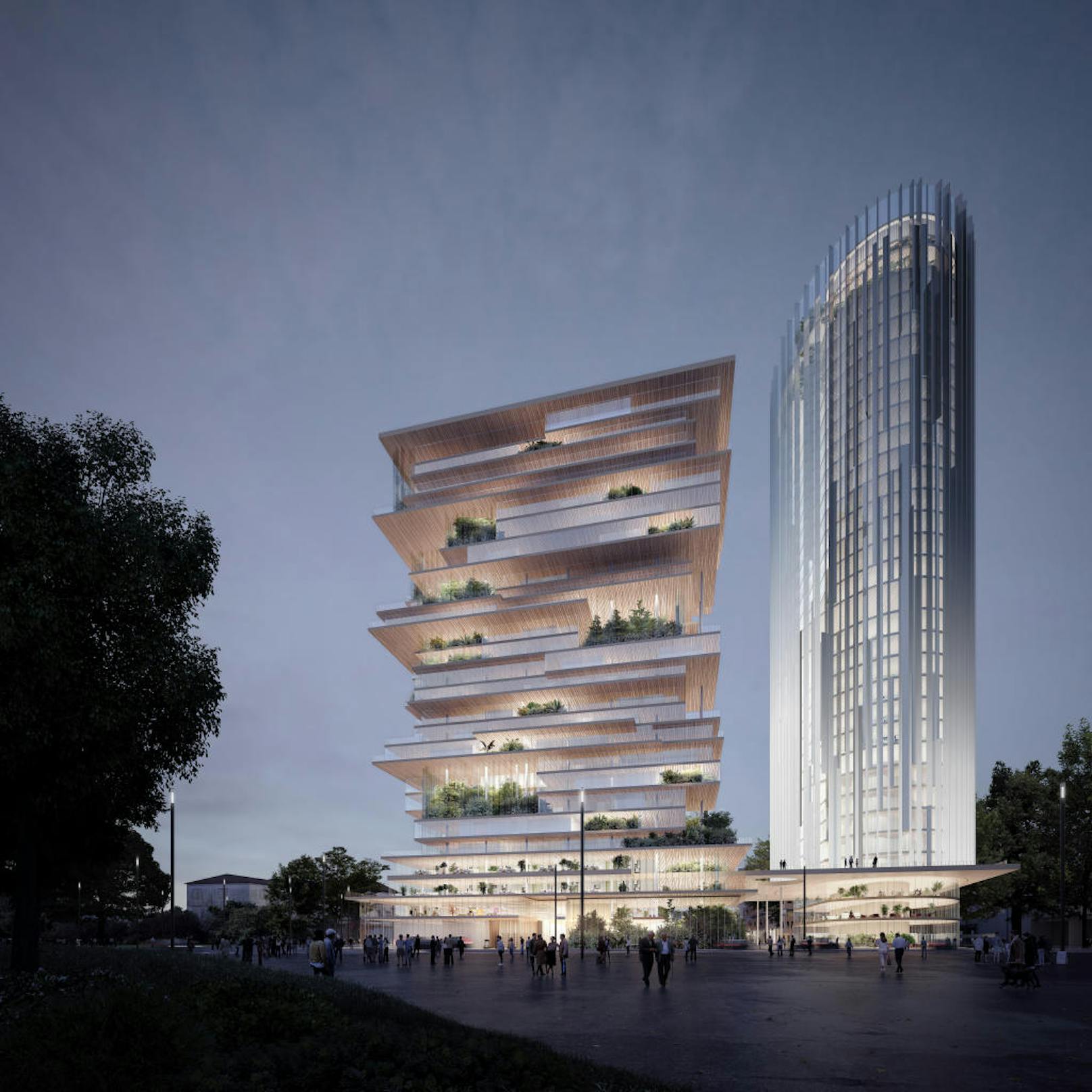 Im maximal 120m hohen Hochhaus "Weitblick" werden auf 41.000 m² ein Hotel und Büroflächen entstehen. Im 90m hohen "Grünblick" werden 23.000 m² Wohnfläche geschaffen.  © MCA / IC Development