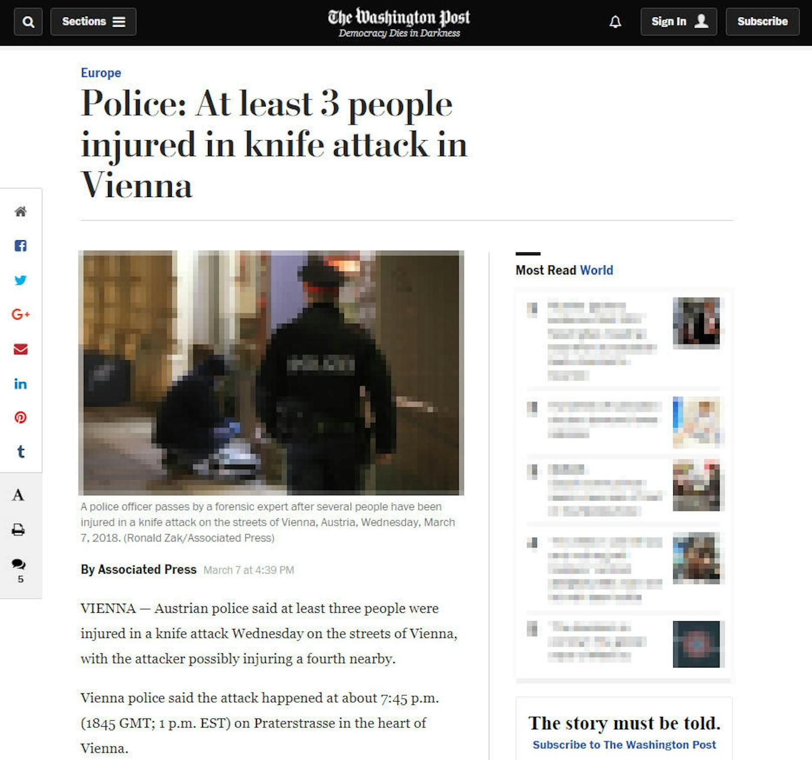 <b>USA, Washington Post: </b>"Polizei: Mindestens drei Verletze nach Messerattacke in Wien"