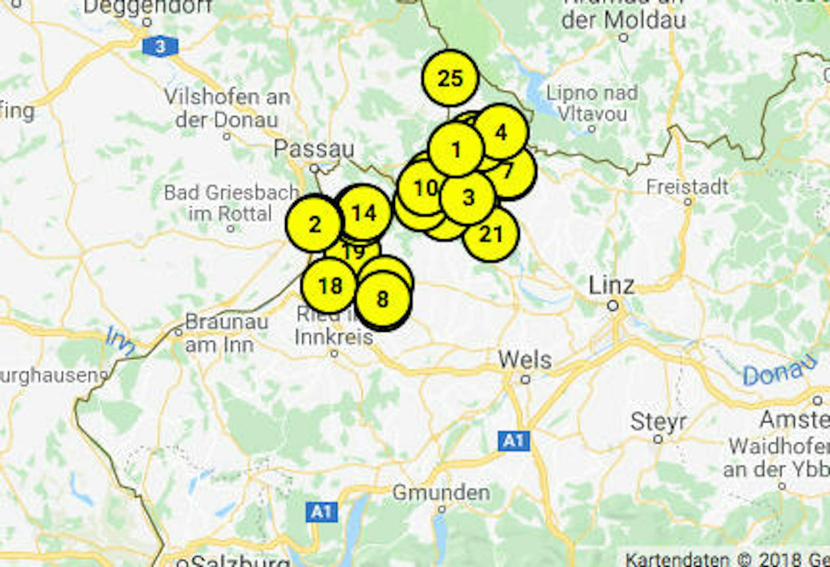 Laut ÖAMTC sind an der Grenze zu Bayern die teuersten Tankstellen (Karte zeigt Benzin-Preis an) in OÖ.