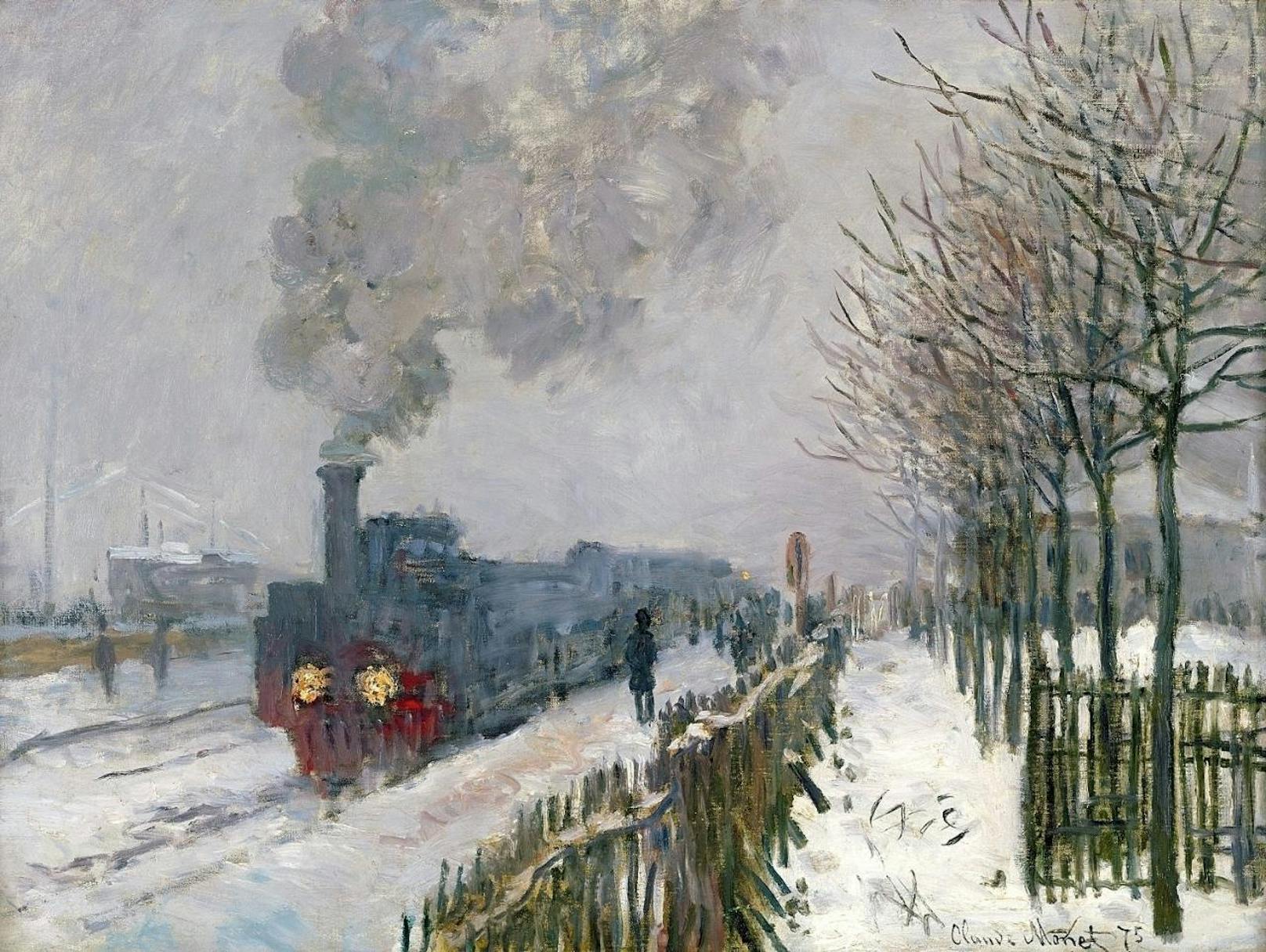 "Eisenbahn im Schnee, Lokomotive", 1875