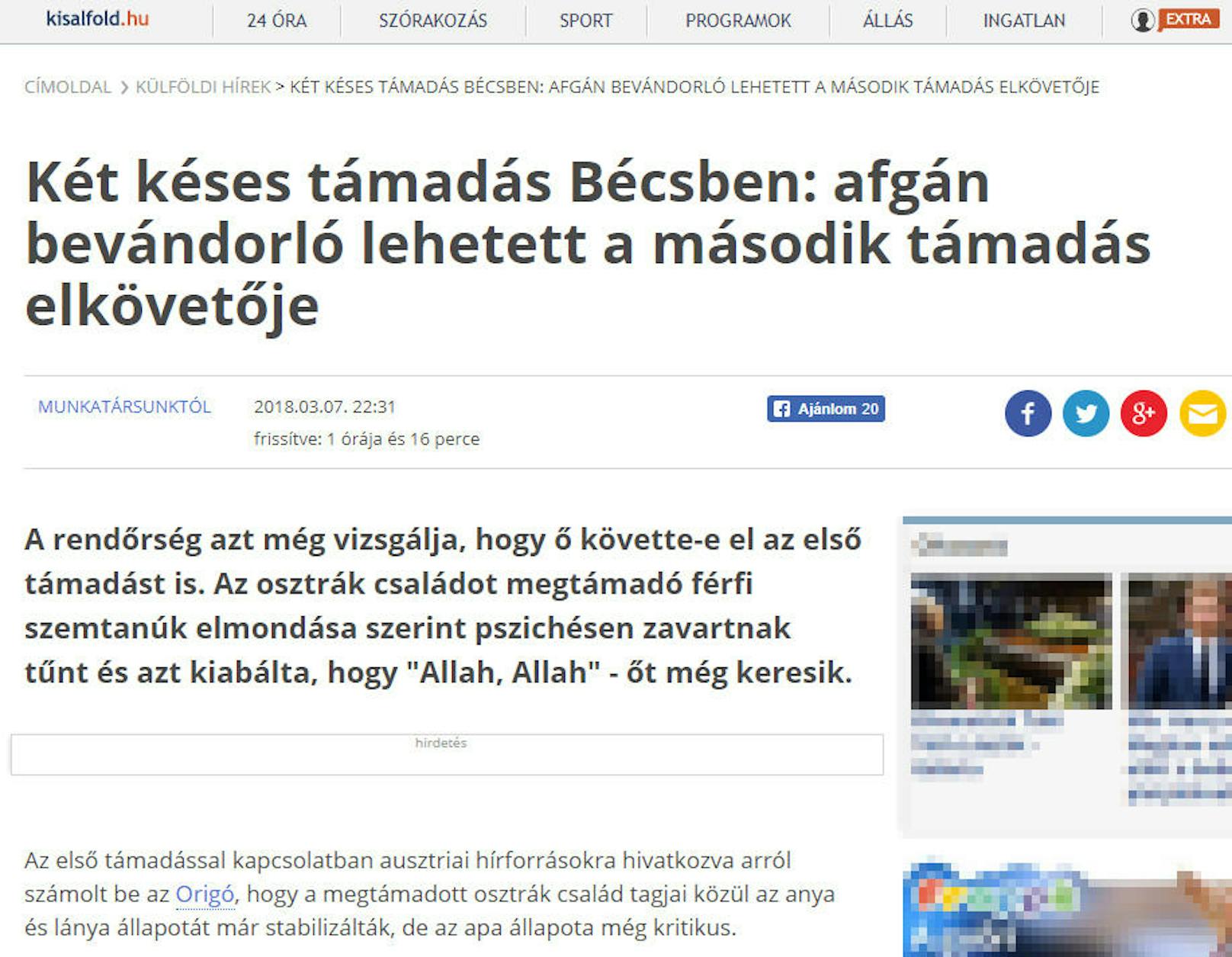 <b>Ungarn, Kisalföld:</b> "Zwei Messeranschläge in Wien: Ein afghanischer Einwanderer könnte der Zweittäter sein"