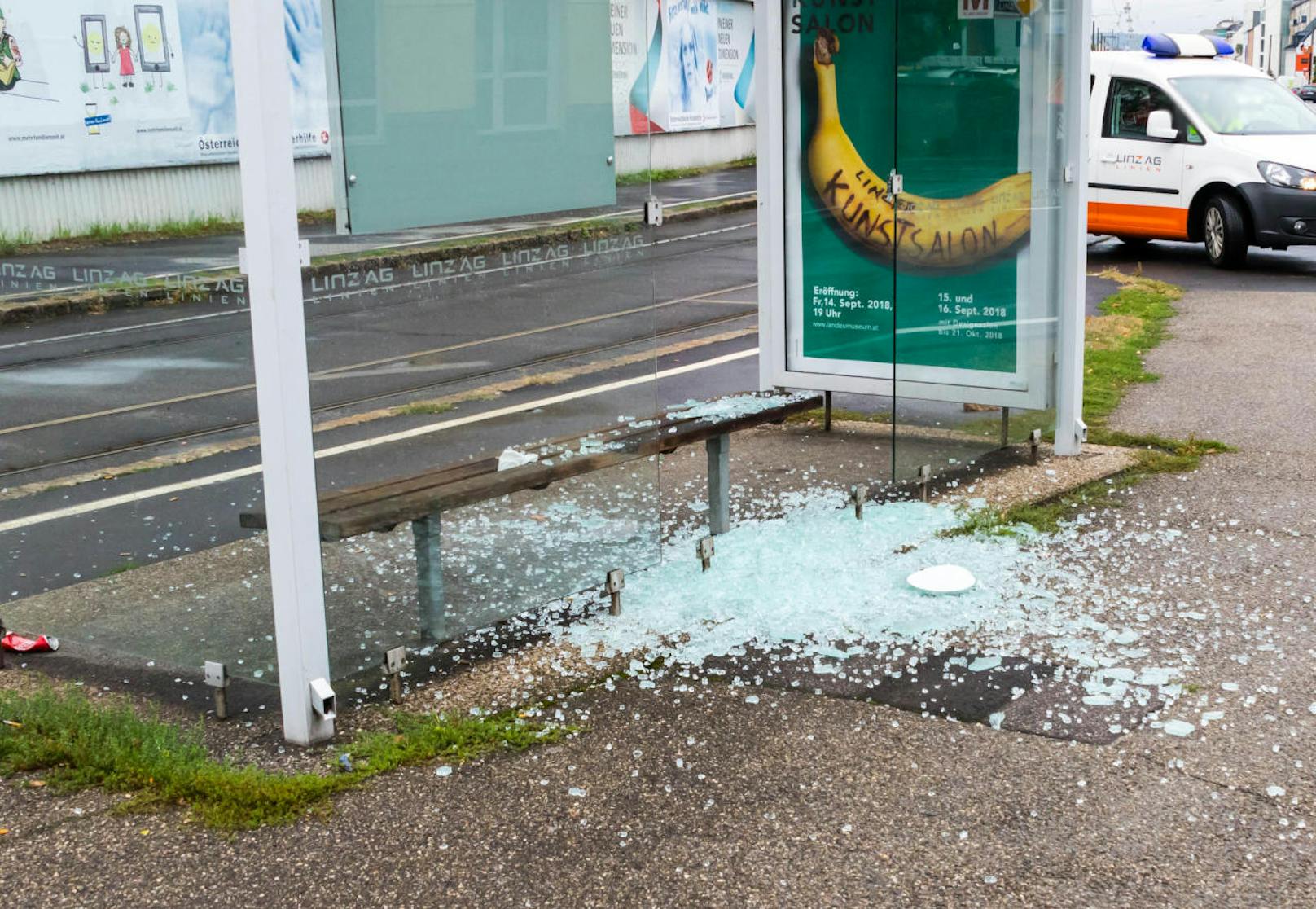 Ein zerstörtes Bim-Wartehäuschen ist zumindest uns nicht völlig Banane.