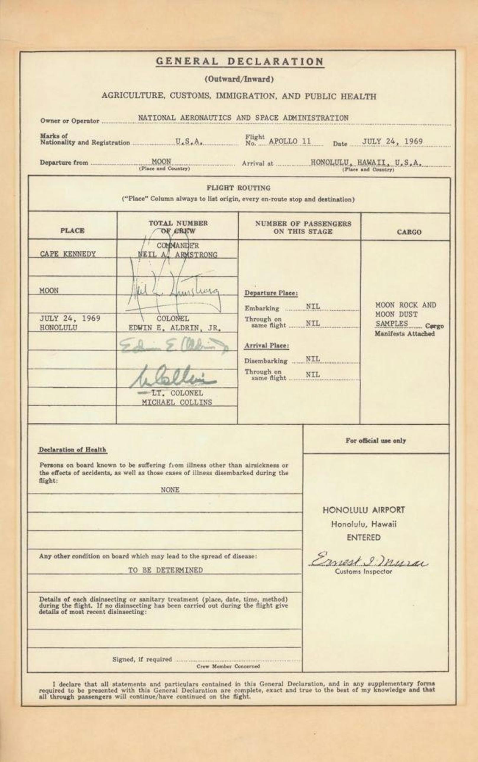 <b>Cape Kennedy - Mond - Honolulu:</b> Das Einreiseformular der Astronauten.