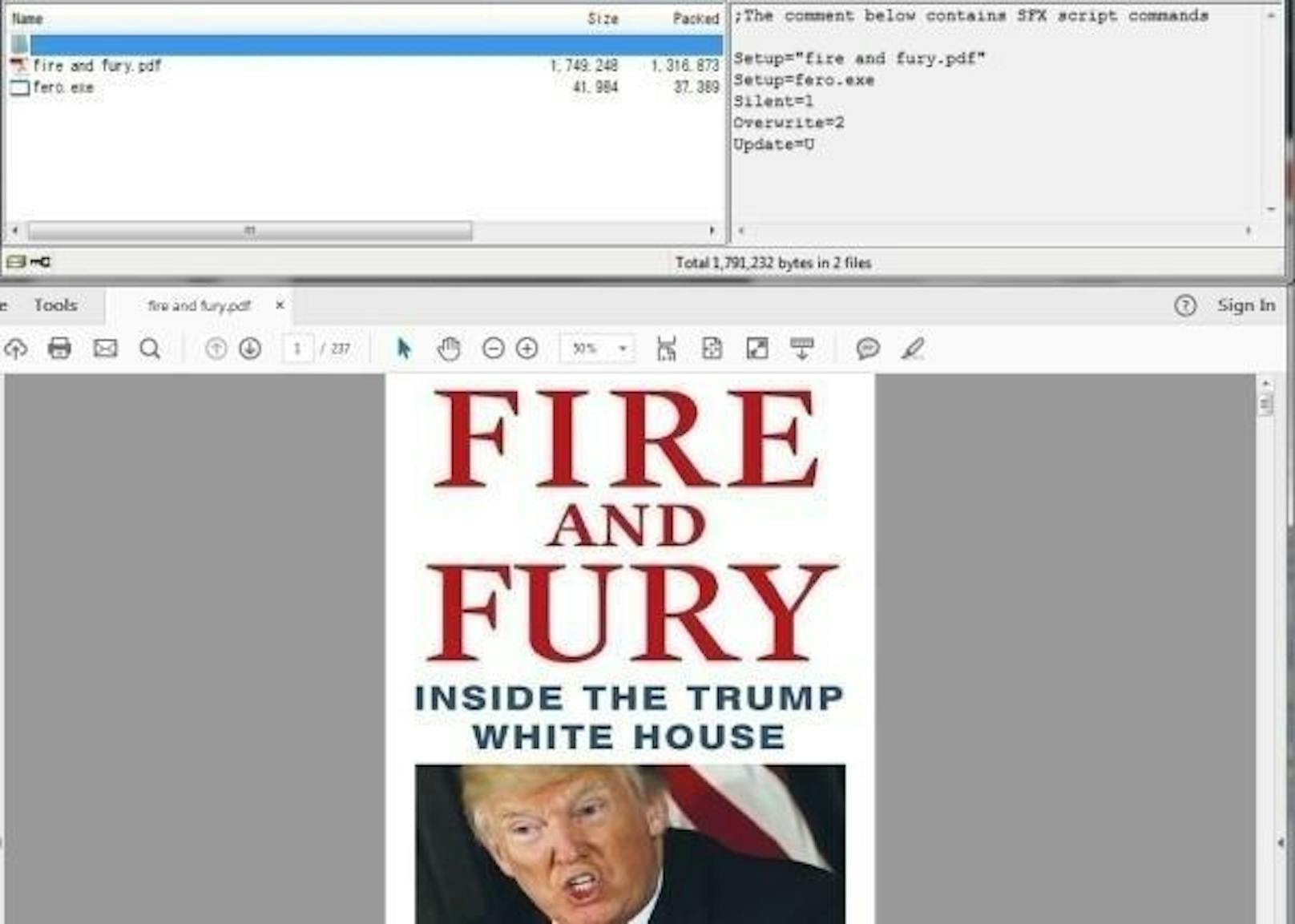Hacker nutzen eine PDF-Version des Buchs "Fire and Fury" über US-Präsident Donald Trump als Virenschleuder. Sicherheitsforscher haben nämlich in einer Version, die online kursiert, schädliche Software gefunden. In der Version, die über Online-Tauschbörsen angeboten wird, wurde in das PDF eingebettet Malware gefunden. Die gute Nachricht: Das schädliche Tool wird von praktisch allen gängigen Antiviren-Tools erkannt.