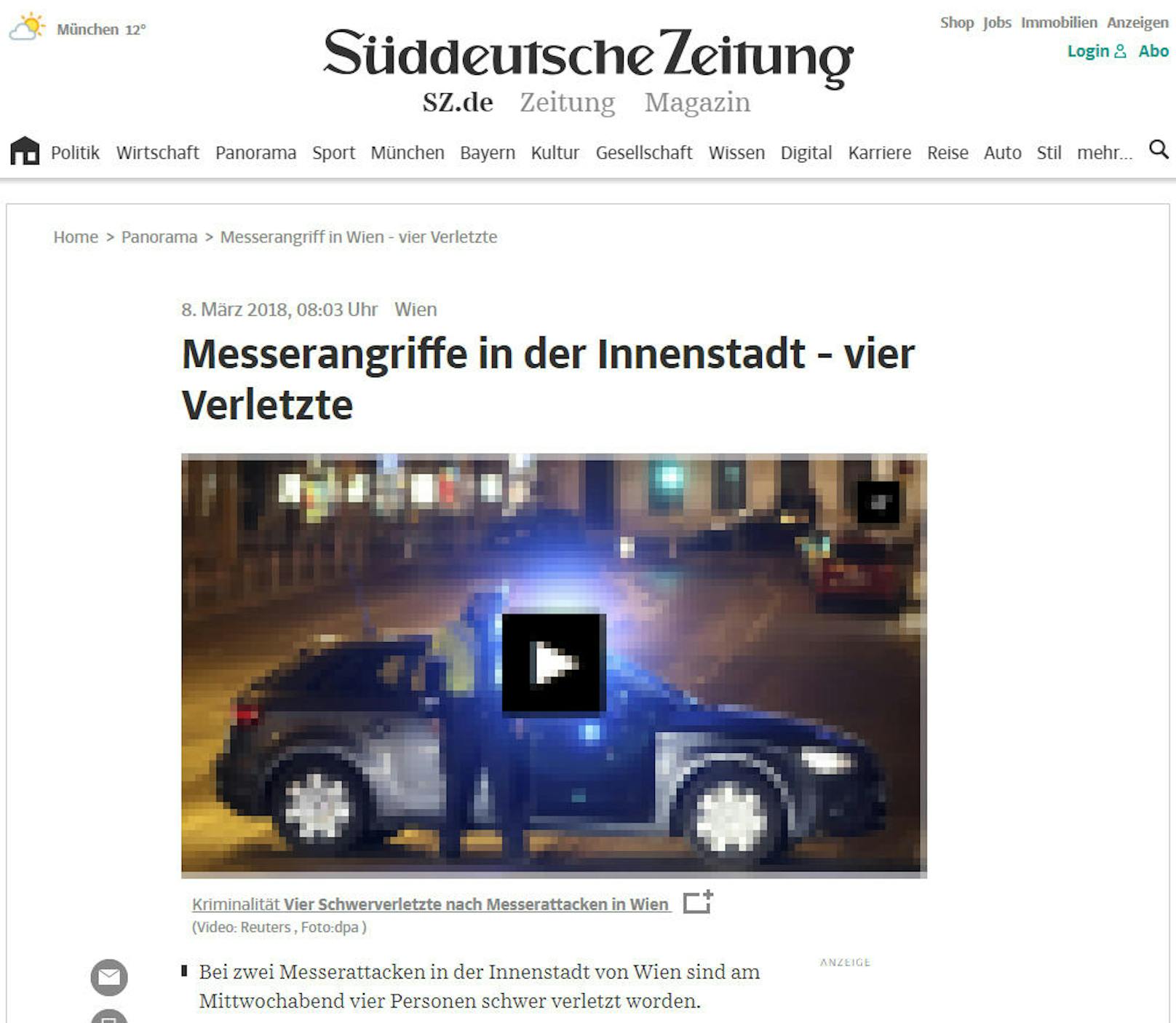 <b>Deutschland, Süddeutsche Zeitung:</b> "Messerangriffe in der Innenstadt - vier Verletzte"