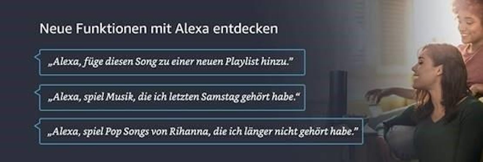 <b>26. März 2018:</b> Amazons Cloud-basierte Sprachassistentin Alexa hat erneut dazugelernt und kennt seit heute neue Sprachbefehle für Amazon Music. Bisher war es möglich, eigene Playlists über die Web-Applikation bzw. die mobile App für iOS und Android manuell mit neuer Musik zu ergänzen. Nutzer von Prime Music und Amazon Music Unlimited können jedoch ab sofort ganz einfach per Sprachbefehl Lieder zu einer bestimmten Playlist hinzufügen oder neue Playlists erstellen. Zudem findet Alexa nun auch Musik, die man entweder erst kürzlich gehört oder auch schon länger nicht mehr abgespielt hat. Beispiele: "Alexa, erstelle eine neue Playlist", "Alexa, füge diesen Song zu einer neuen Playlist hinzu" oder "Alexa, spiel Hip Hop, den ich vor zwei Wochen gehört habe"
