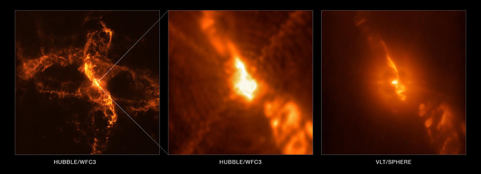 ... Aufnahmen des Hubble-Weltraumteleskops mit denen des eigenen Very Large Telecope (VLT). Im Bild: ein Vergleich der Bildqualität zwischen Hubble und dem VLT im Detailausschnitt.