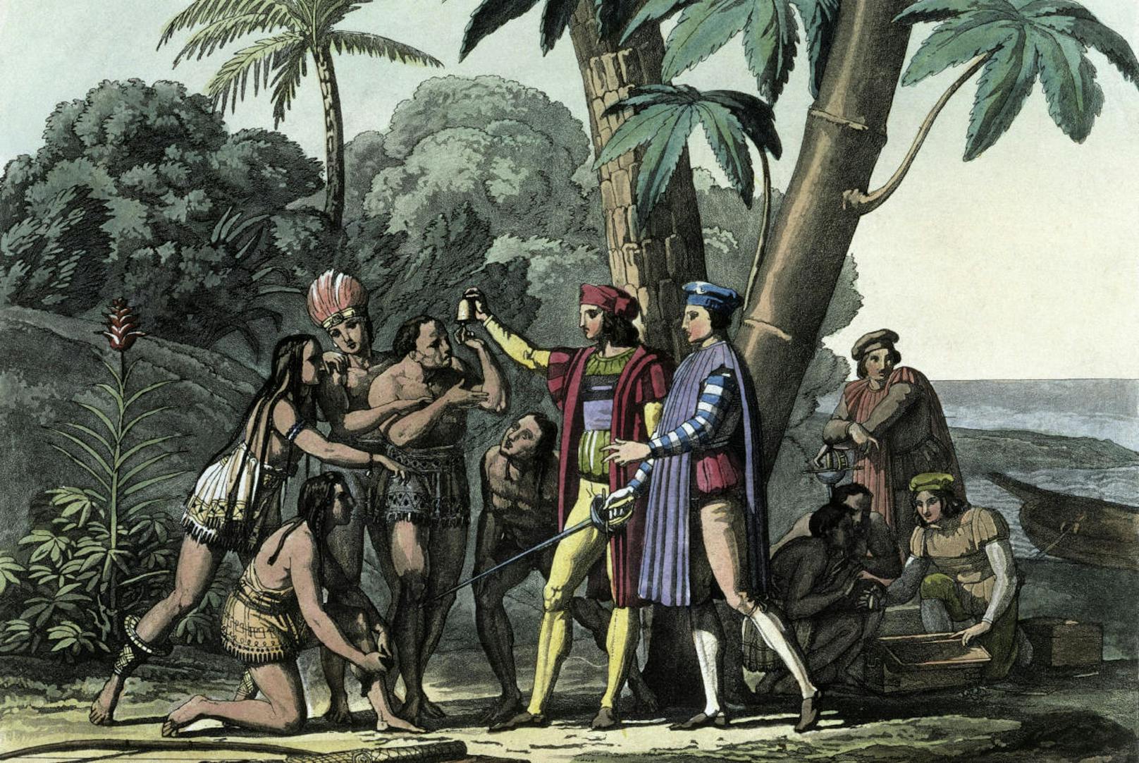Christoph Kolumbus erreichte am 12. Oktober 1492 die Bahamas und reiste danach drei weitere Male in die Neue Welt. Diese Zeichnung Pelagio Palagis entstand um 1817 und zeigt Kolumbus' erste Begegnung mit den amerikanischen Ureinwohnern.