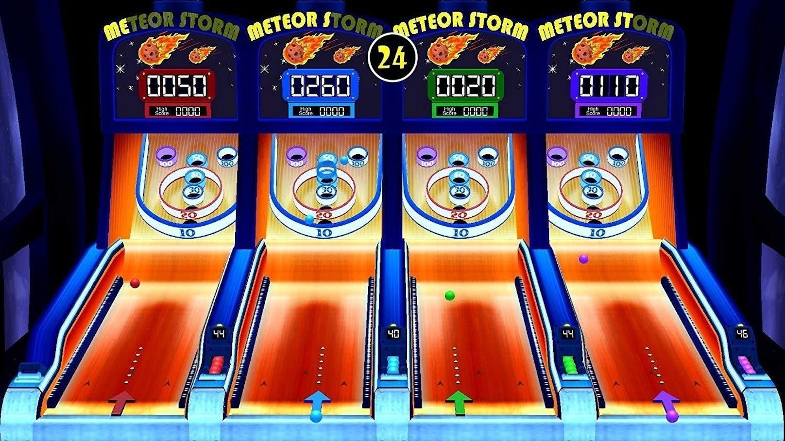 In dem Spiel "Lichtgeschwindigkeit" übernimmt man etwa die Kontrolle über eine Drohne, die durch einen Tunnel manövriert werden muss. Woanders geht es eher klassisch zu, etwa beim  Basketbälle abschießen ("Basktet-Ballaballa"), Bowling oder Niederstrecken von unfreundlichen Clowns ("Clown-Parade").
